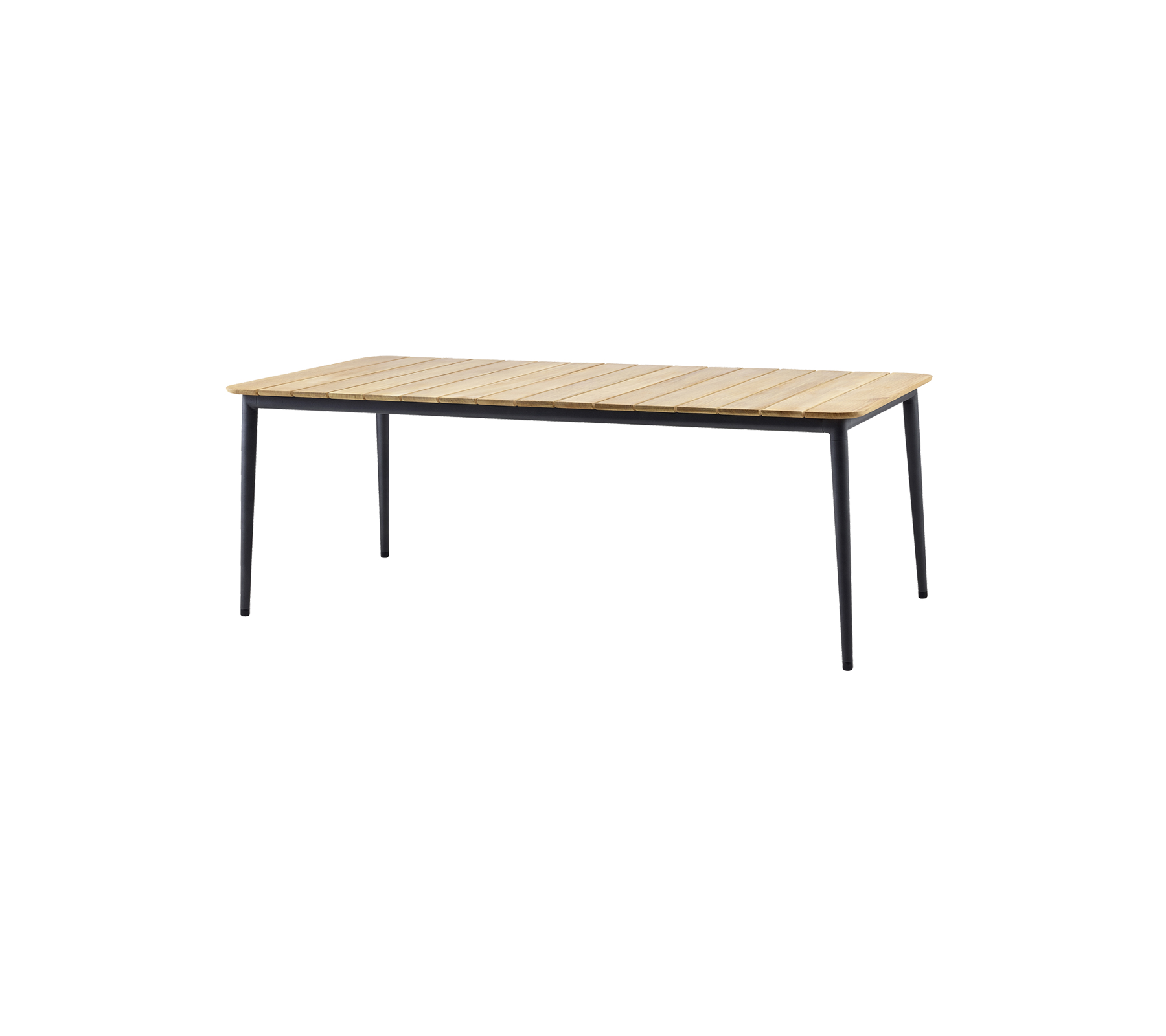Stilvolles Tisch mit einer Holzlattenplatte und schlanken schwarzen Beinen, perfekt für verschiedene Einsätze.