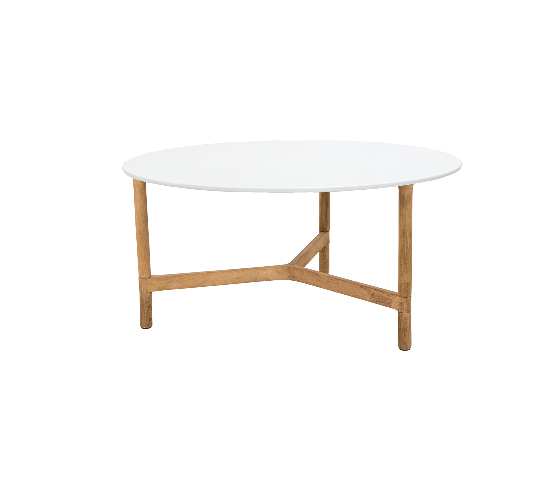 Ein runder Couchtisch mit einer eleganten weißen Oberfläche, die von stabilen Holzbeinen mit einem einzigartigen Kreuzdesign gestützt wird.