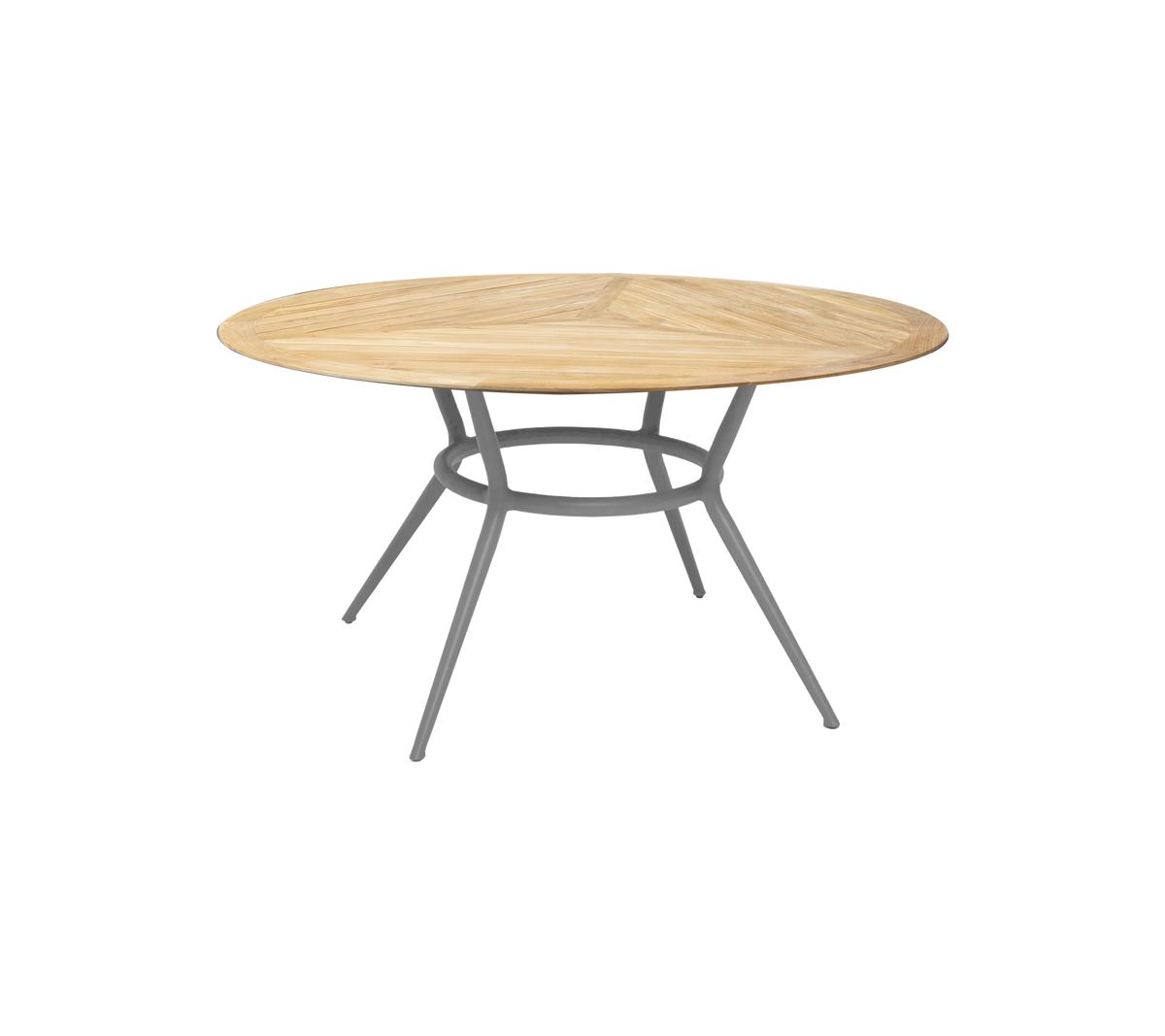 Runder Holztisch mit natürlichem Finish und einem schlanken, modernen Metallgestell mit drei schrägen Beinen. Ideal für verschiedene Umgebungen.