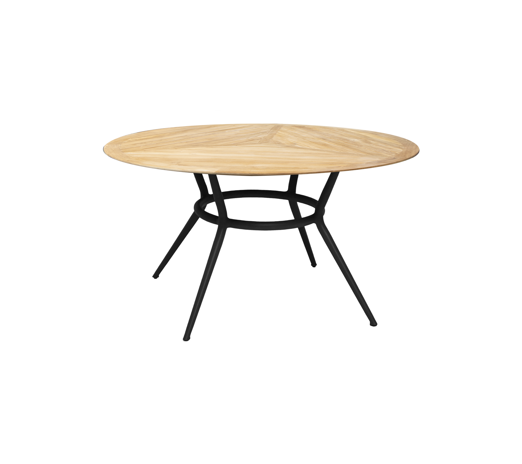 Runder Holztisch mit einer hellen Holzoberfläche und einem schwarzen Metallfuß, der ein schlankes und modernes Design aufweist.