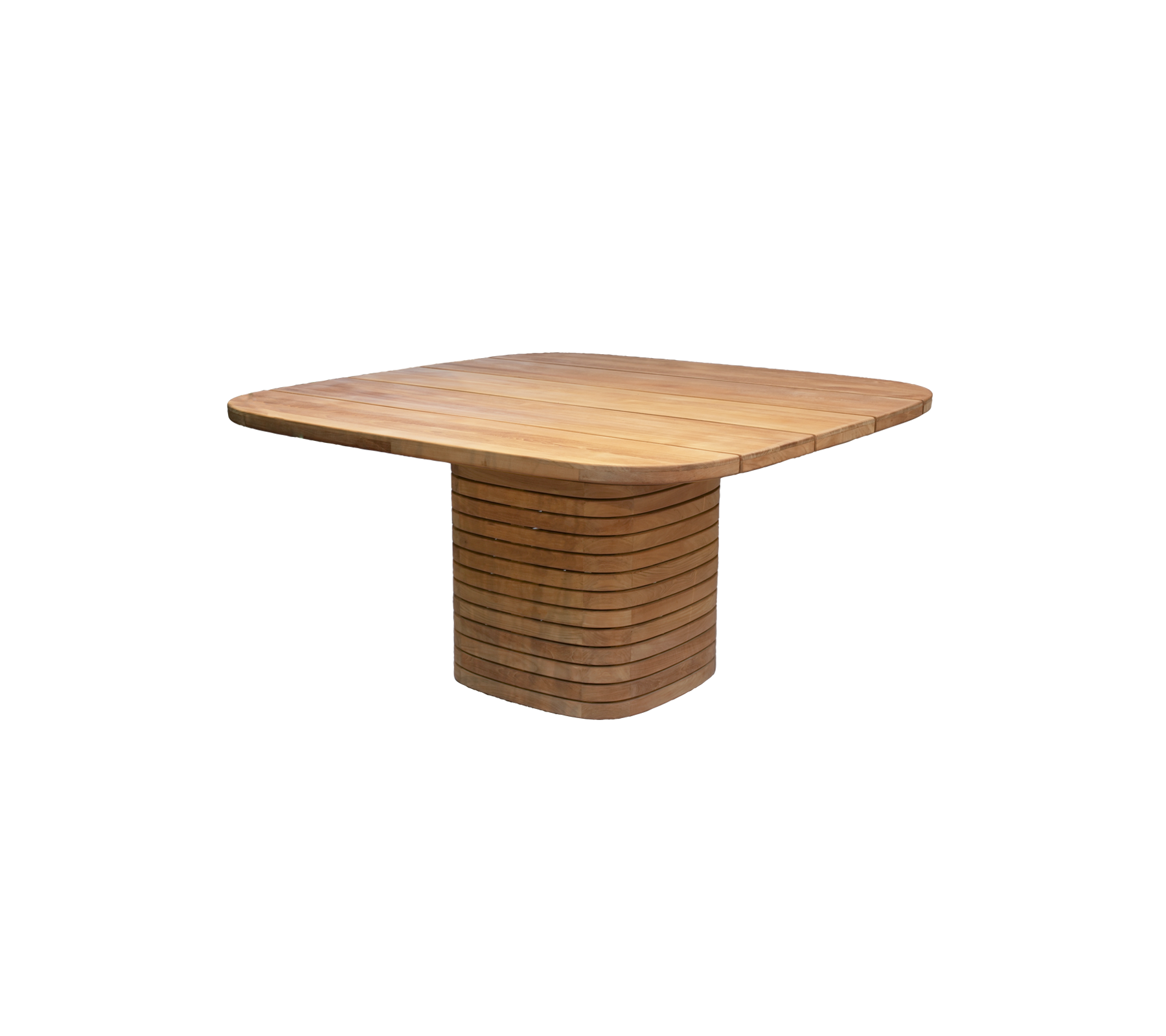Viereckiger Teakholz-Essz Tisch mit einem einzigartigen Basisdesign.