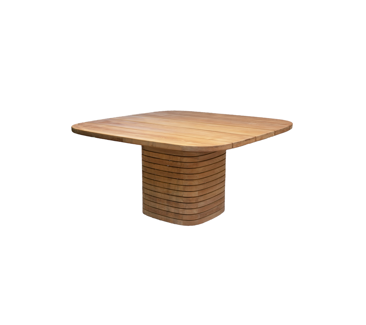 Viereckiger Teakholz-Essz Tisch mit einem einzigartigen Basisdesign.