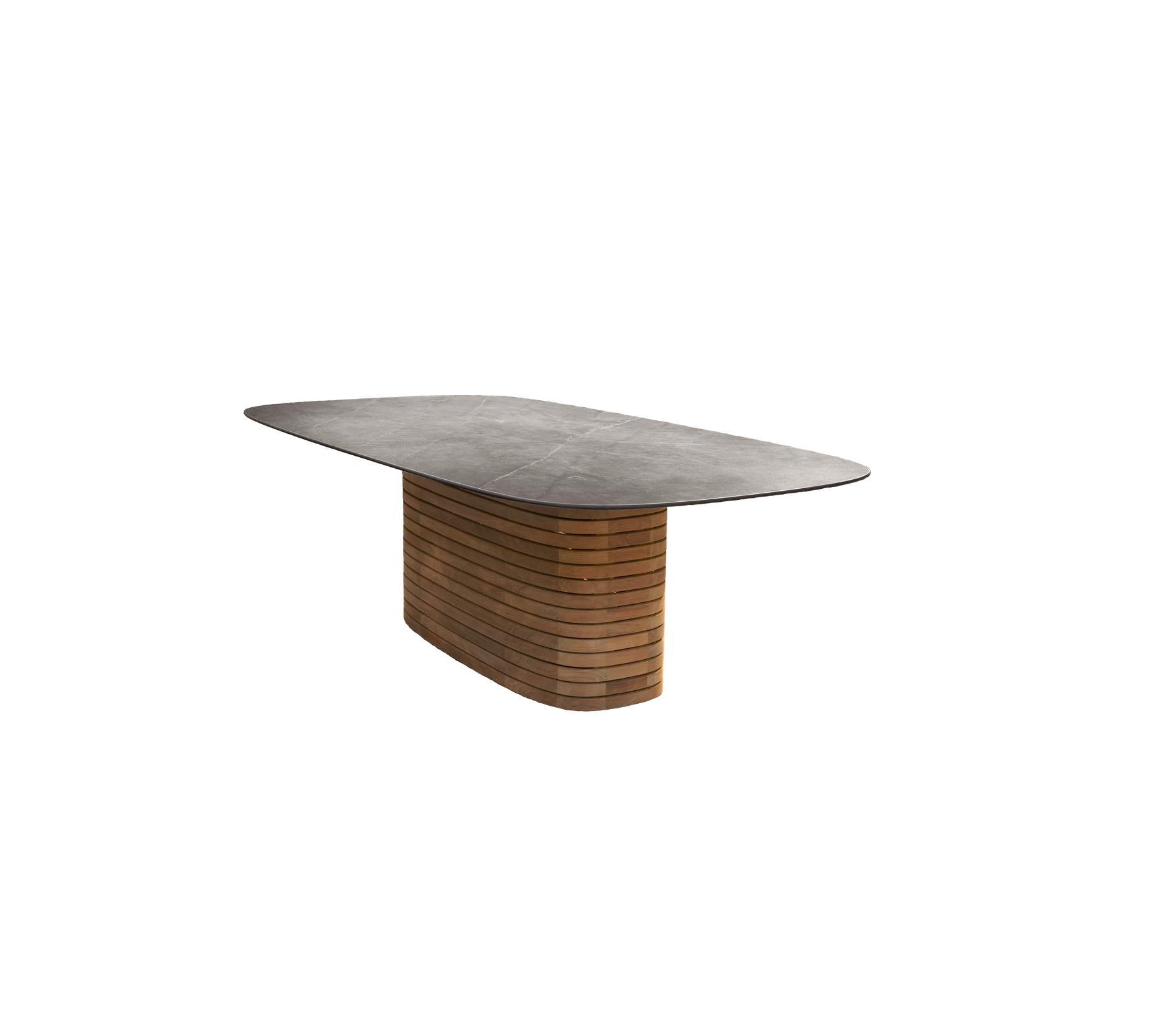 Teakholz Tisch mit einer glatten Tischplatte und einem markanten Basisdesign.