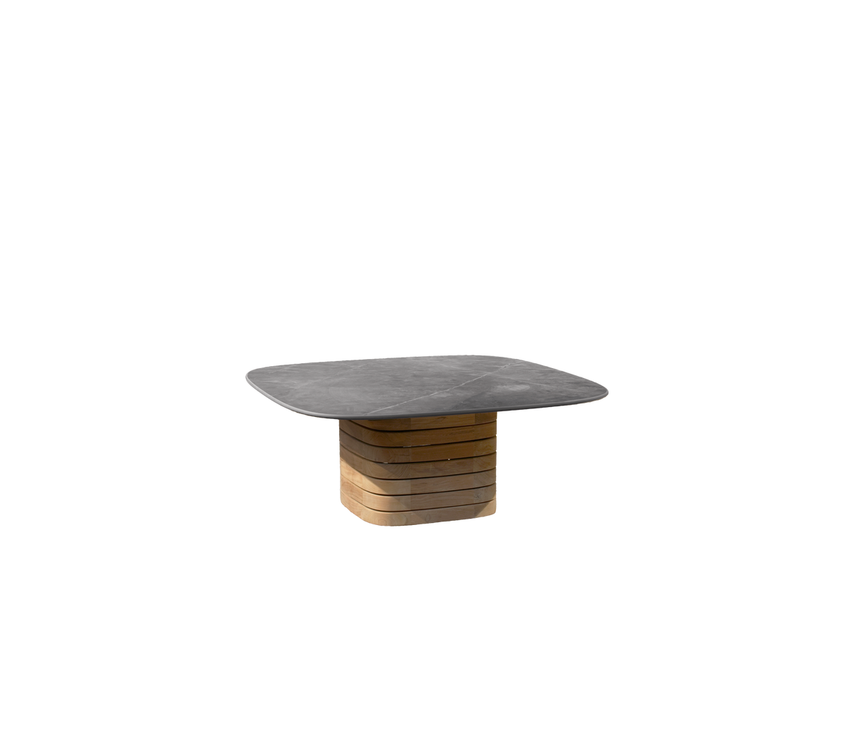 Grauer Tisch mit einem Teakholzgestell in modernem Design.
