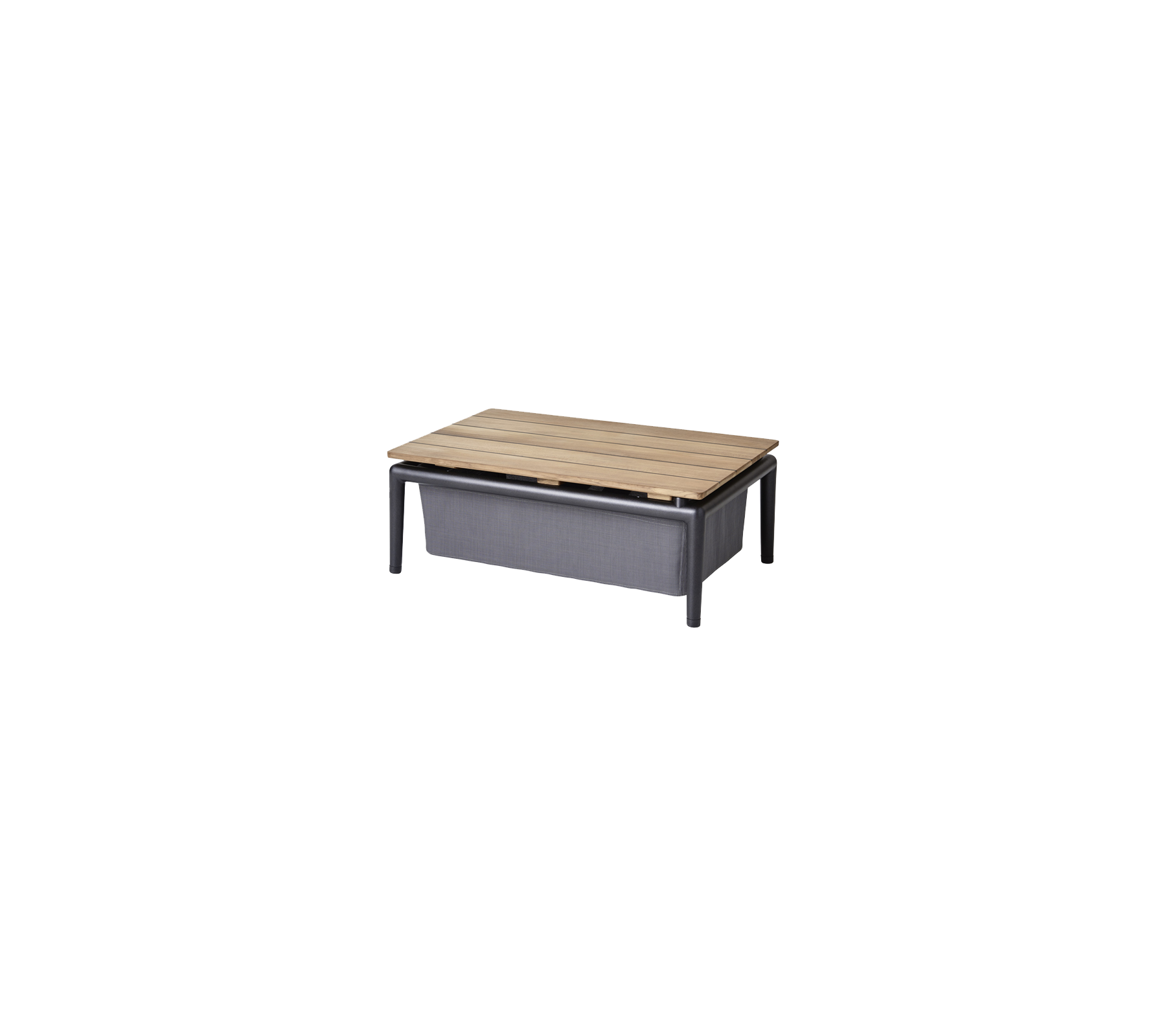 Couchtisch mit einer Holzplatte und einem Stauraum, der sich durch ein minimalistisches Design und kontrastierende Farben auszeichnet.