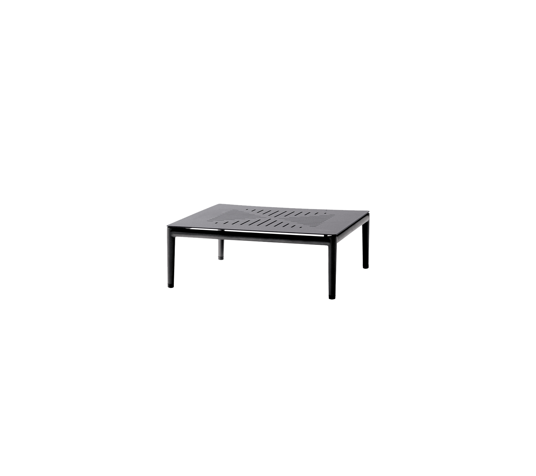 Quadratischer schwarzer Tisch mit slatted Oberseite und stabilen Beinen, geeignet für verschiedene Umgebungen und Zwecke.