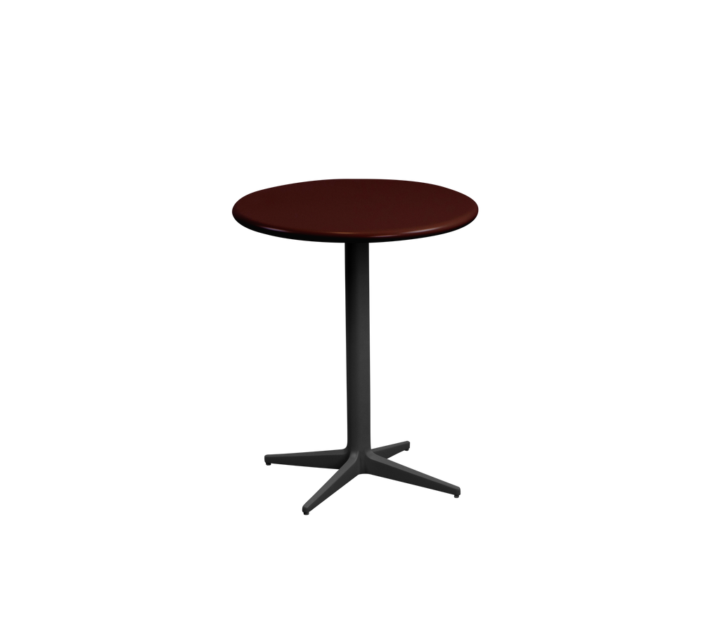Burgunder runder Tisch mit einem schwarzen Fuß.