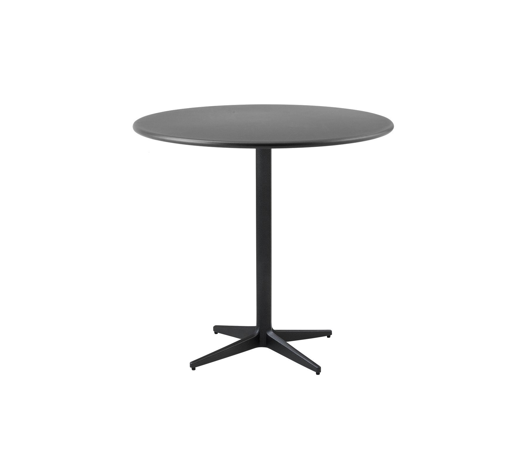 Runder Tisch mit einer eleganten schwarzen Oberfläche und einem minimalistischen Design, ausgestattet mit einer stabilen zentralen Basis für Stabilität.
