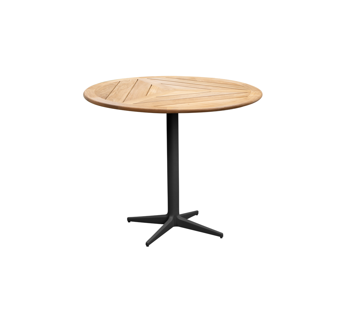 Runder Holztisch mit sleekem Design und einem stabilen schwarzen Fuß, perfekt für verschiedene Umgebungen. Ideal für ungezwungenes Essen oder Treffen.