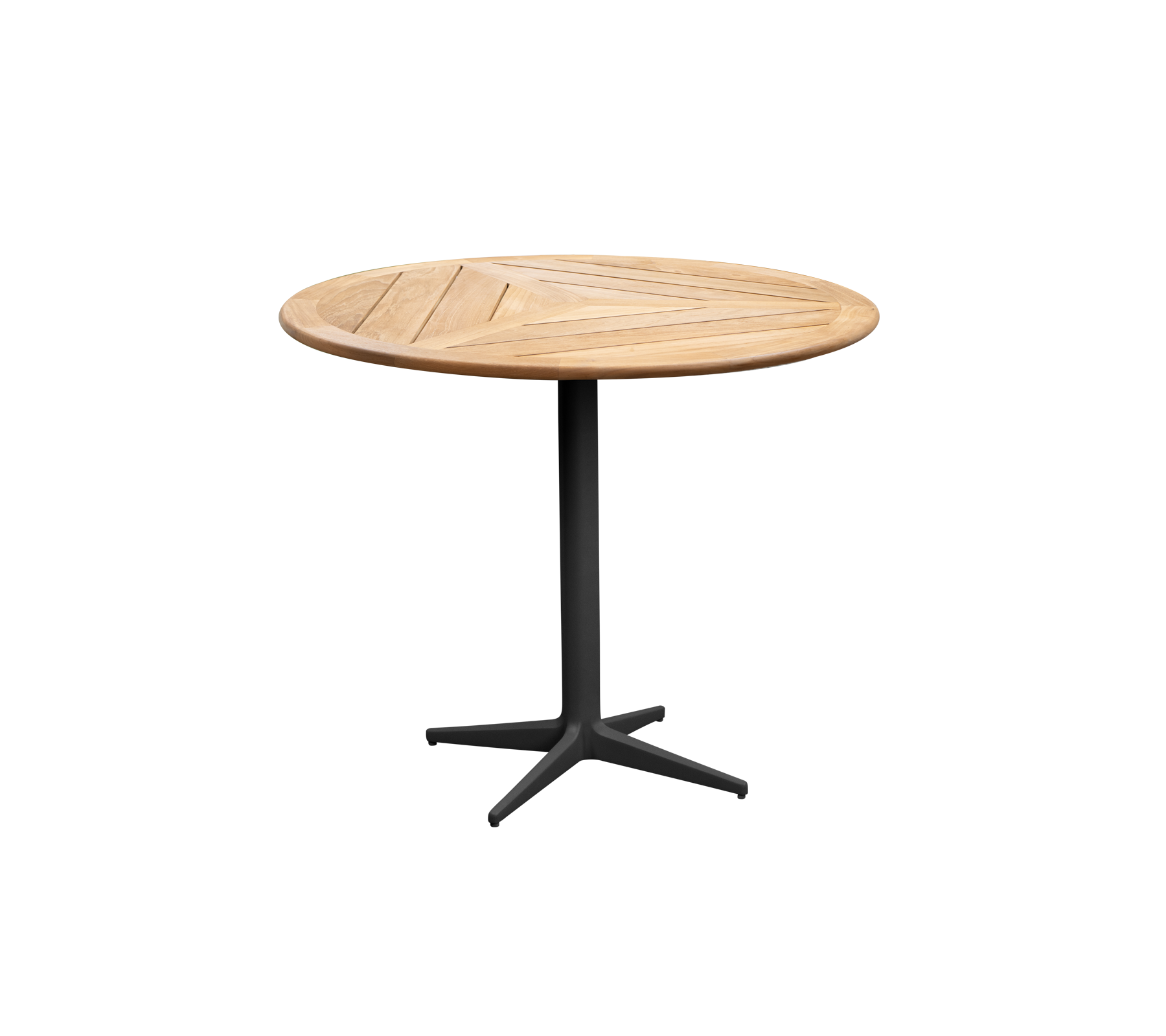 Runder Holztisch mit sleekem Design und einem stabilen schwarzen Fuß, perfekt für verschiedene Umgebungen. Ideal für ungezwungenes Essen oder Treffen.