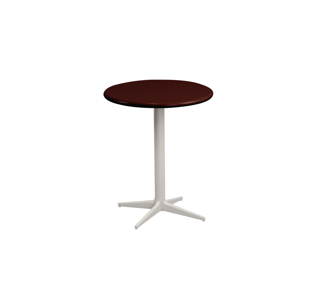 Burgunder runder Tisch mit einem weißen Fuß.