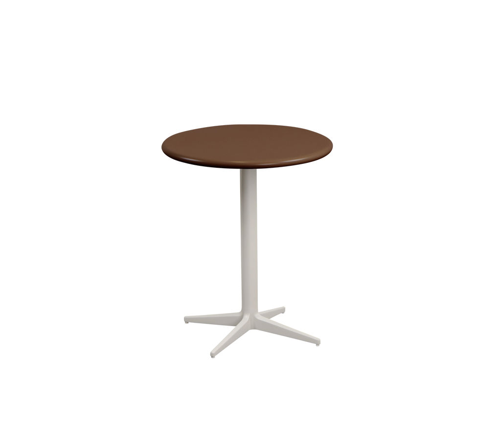 Runder brauner Tisch mit einem weißen Fuß.