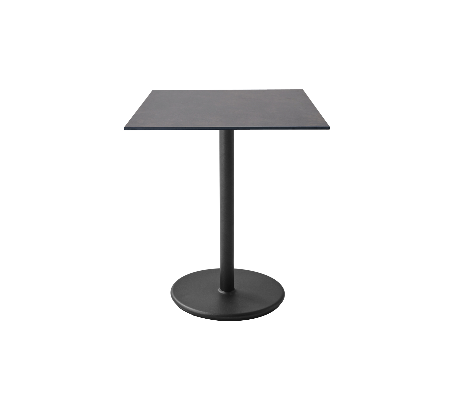 Quadratischer Tisch mit einer eleganten Oberfläche und einem stabilen runden Fuß, entworfen für moderne Räume und vielseitige Nutzung.