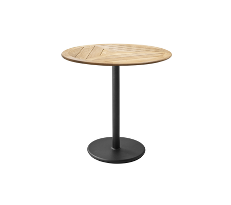 Runder Tisch mit einer Holzplatte, die ein geometrisches Design aufweist, und einem Metallfuß in mattem Finish. Ideal für zwangloses Essen oder Zusammenkünfte.