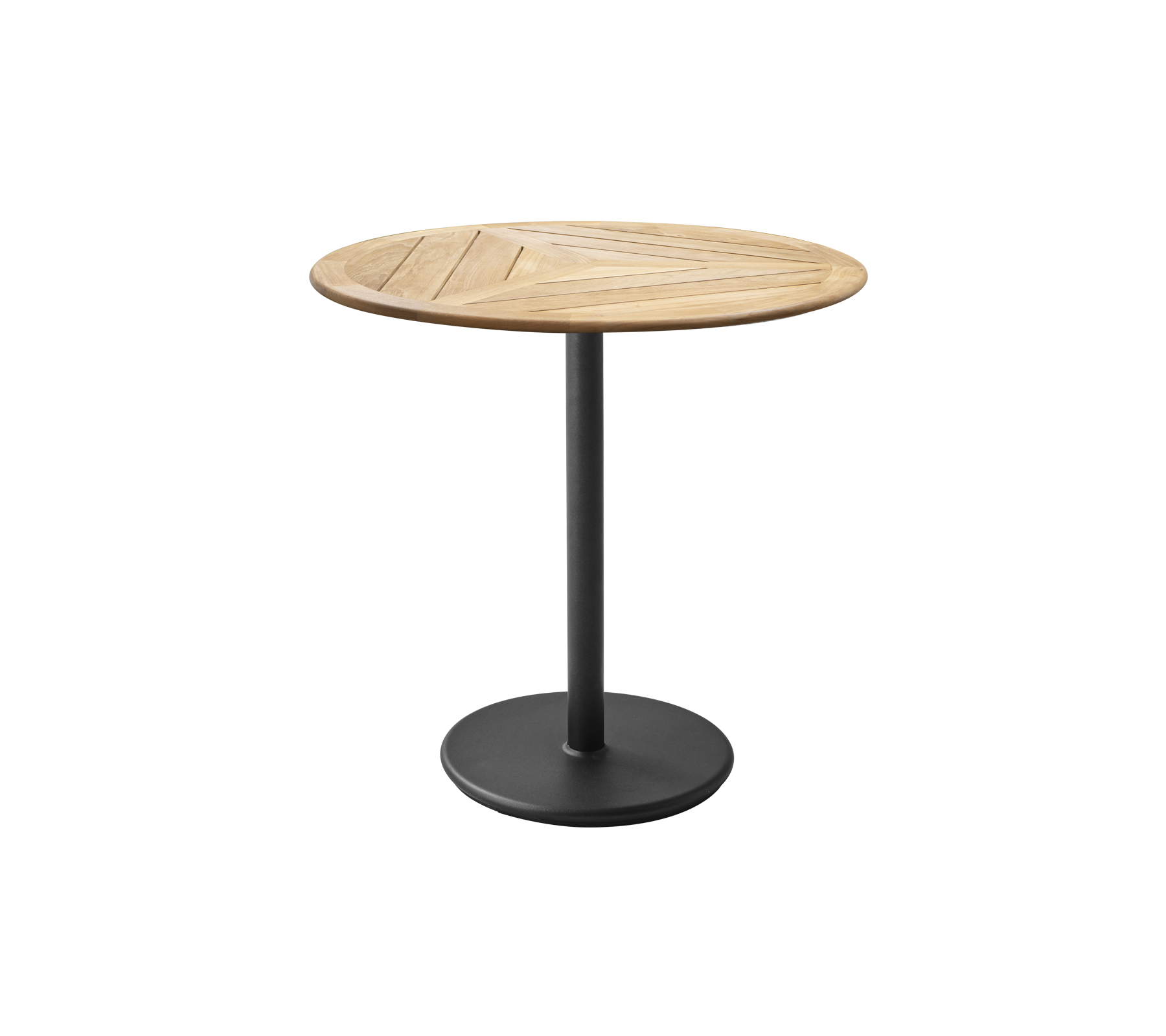 Runder Tisch mit einer Holzplatte, die ein geometrisches Design aufweist, und einem Metallfuß in mattem Finish. Ideal für zwangloses Essen oder Zusammenkünfte.