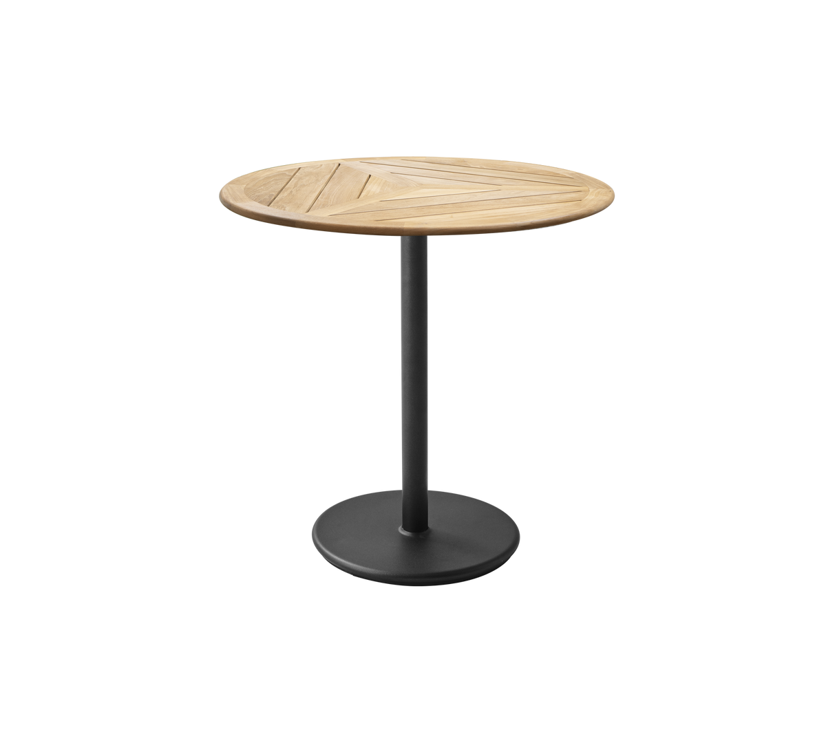 Runder Tisch mit einer Holzplatte, die ein geometrisches Design aufweist, und einem Metallfuß in mattem Finish. Ideal für zwangloses Essen oder Zusammenkünfte.