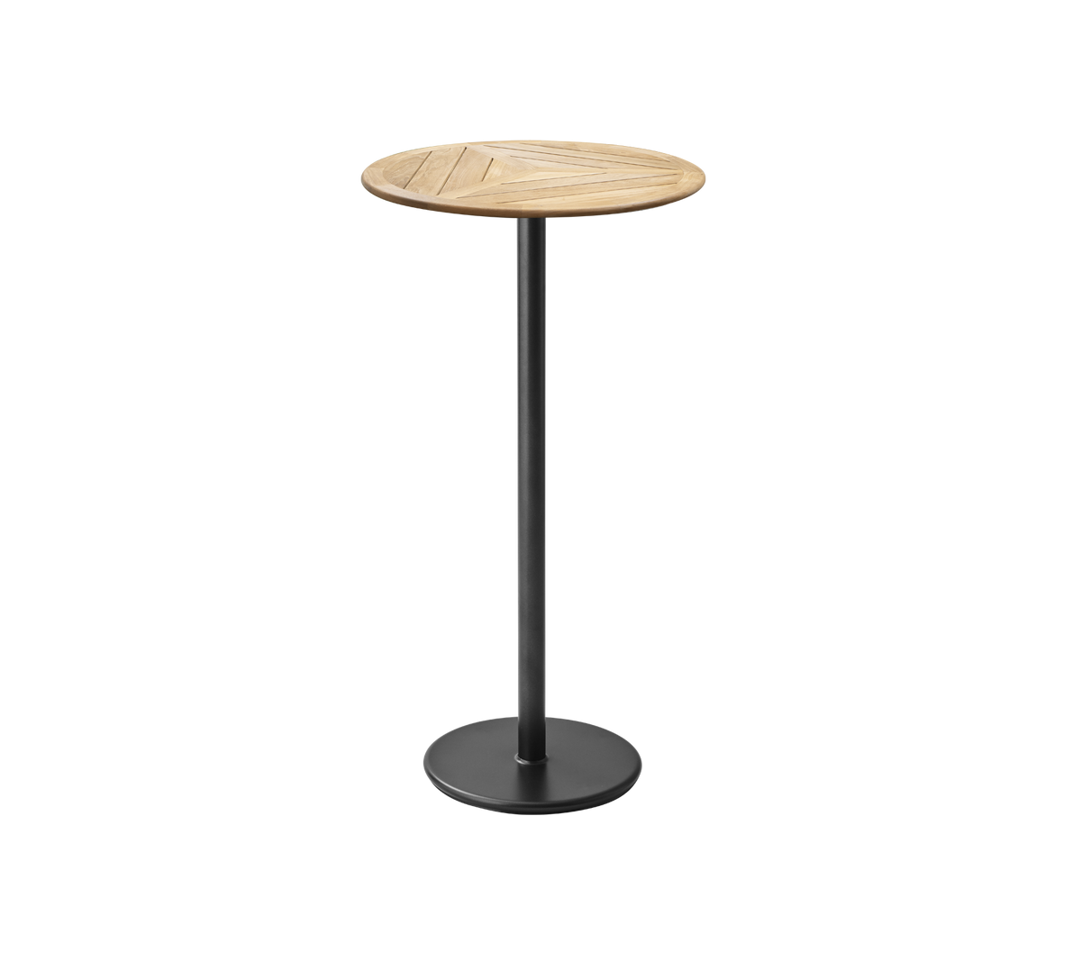 Stilvolles, rundes Holz-Bistro-Tisch mit einer schlanken schwarzen Basis, perfekt für zwanglose Zusammenkünfte oder als zeitgenössisches Akzentstück.