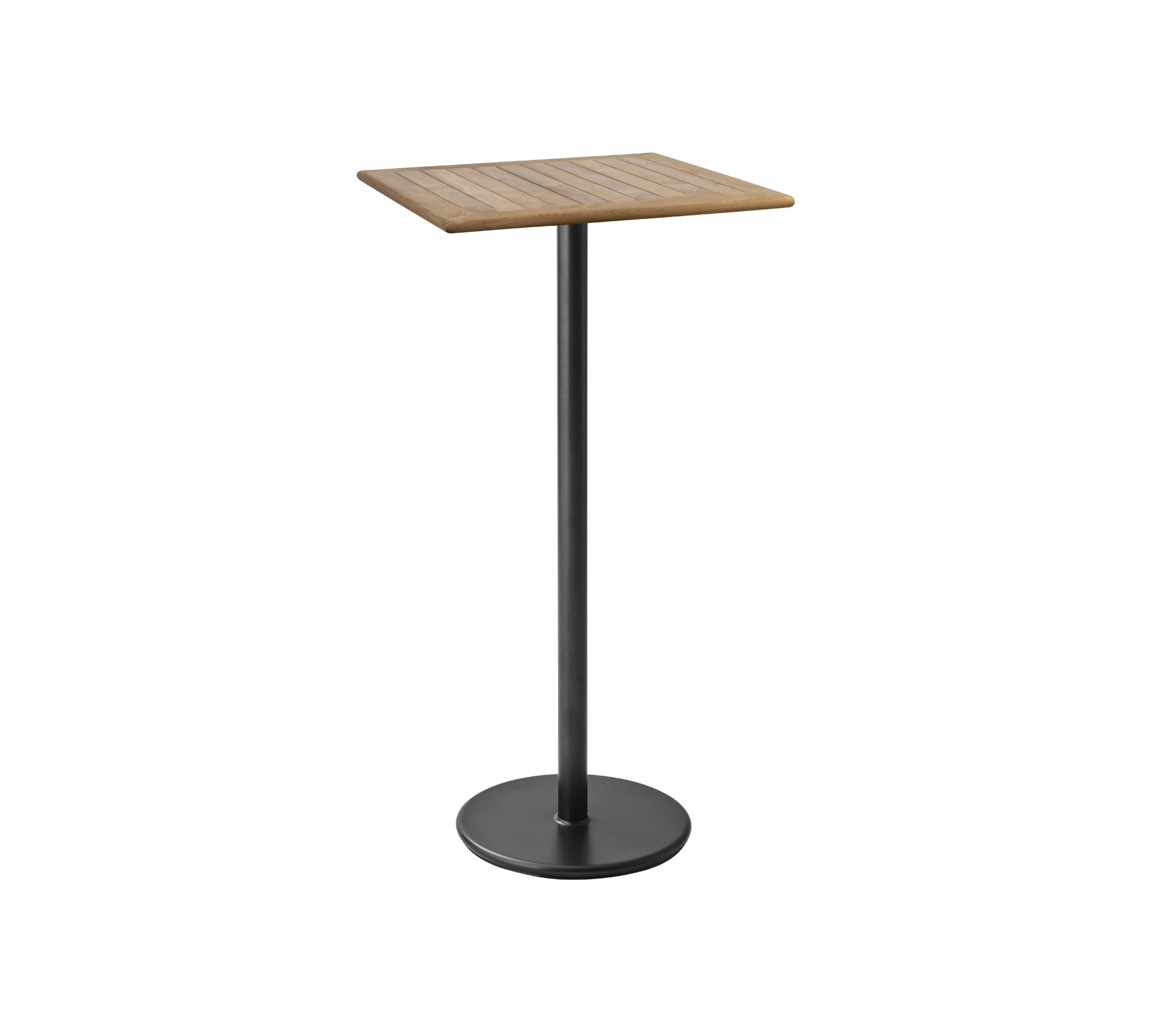 Ein schlanker, moderner Tisch mit einer quadratischen Holzplatte und einem stabilen schwarzen Metallfuß, perfekt für zwangloses Essen oder Getränke.