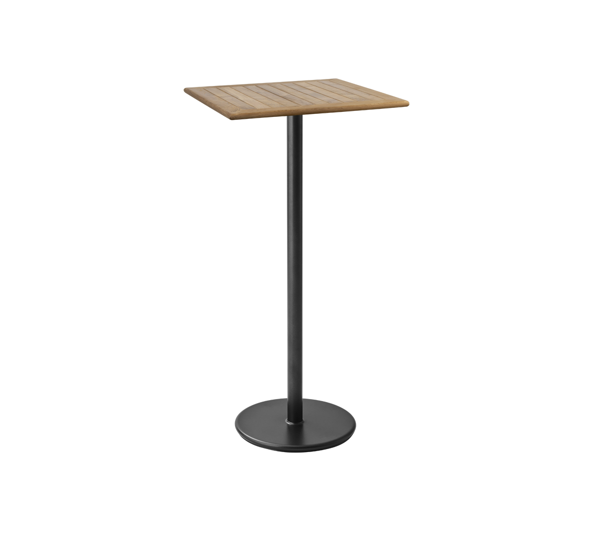 Ein schlanker, moderner Tisch mit einer quadratischen Holzplatte und einem stabilen schwarzen Metallfuß, perfekt für zwangloses Essen oder Getränke.
