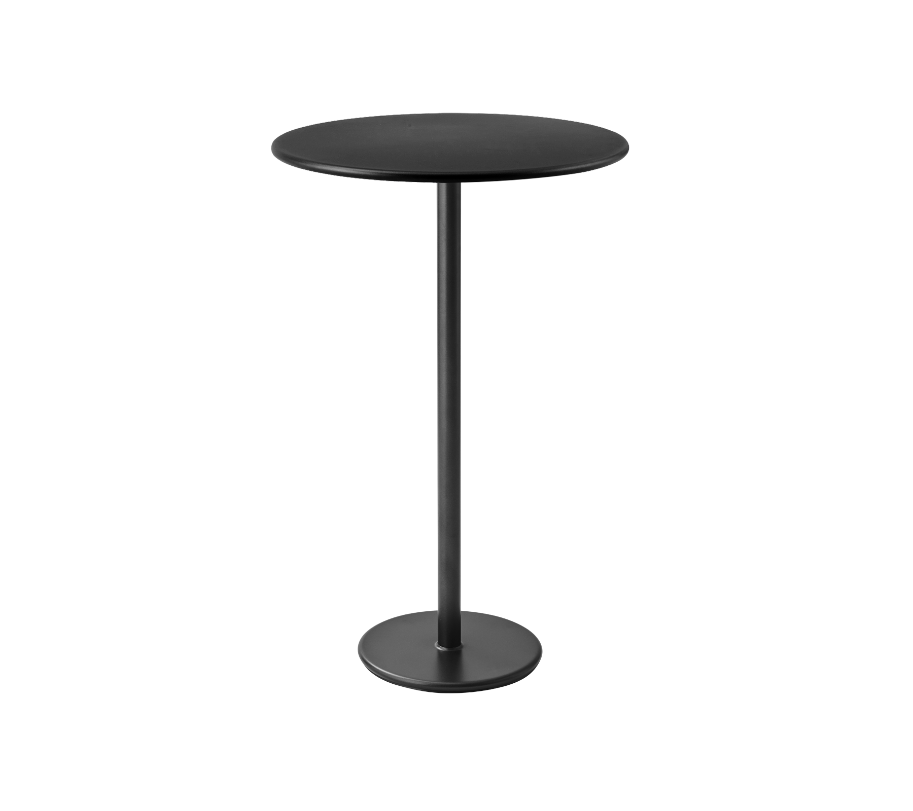 Schlanker schwarzer Bartisch mit rundem Tischblatt und einem stabilen runden Fuß, ideal für stilvolle Settings.
