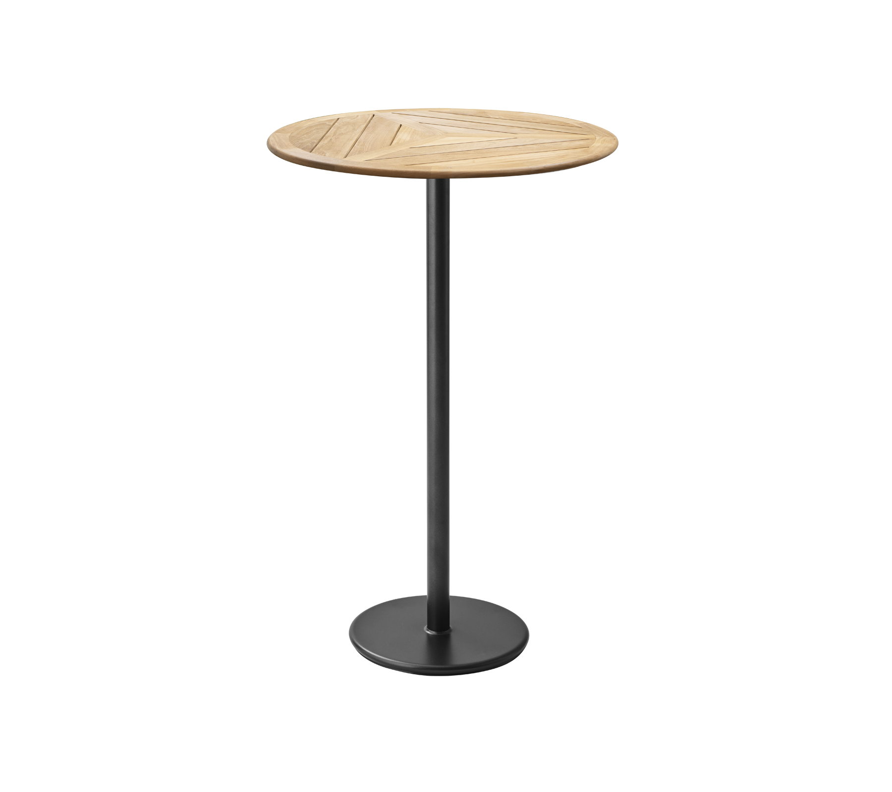 Runder Holztisch mit Lamellenoberfläche, unterstützt von einem schlanken schwarzen Metallfuß. Ideal für informelles Essen oder gesellige Zusammenkünfte.