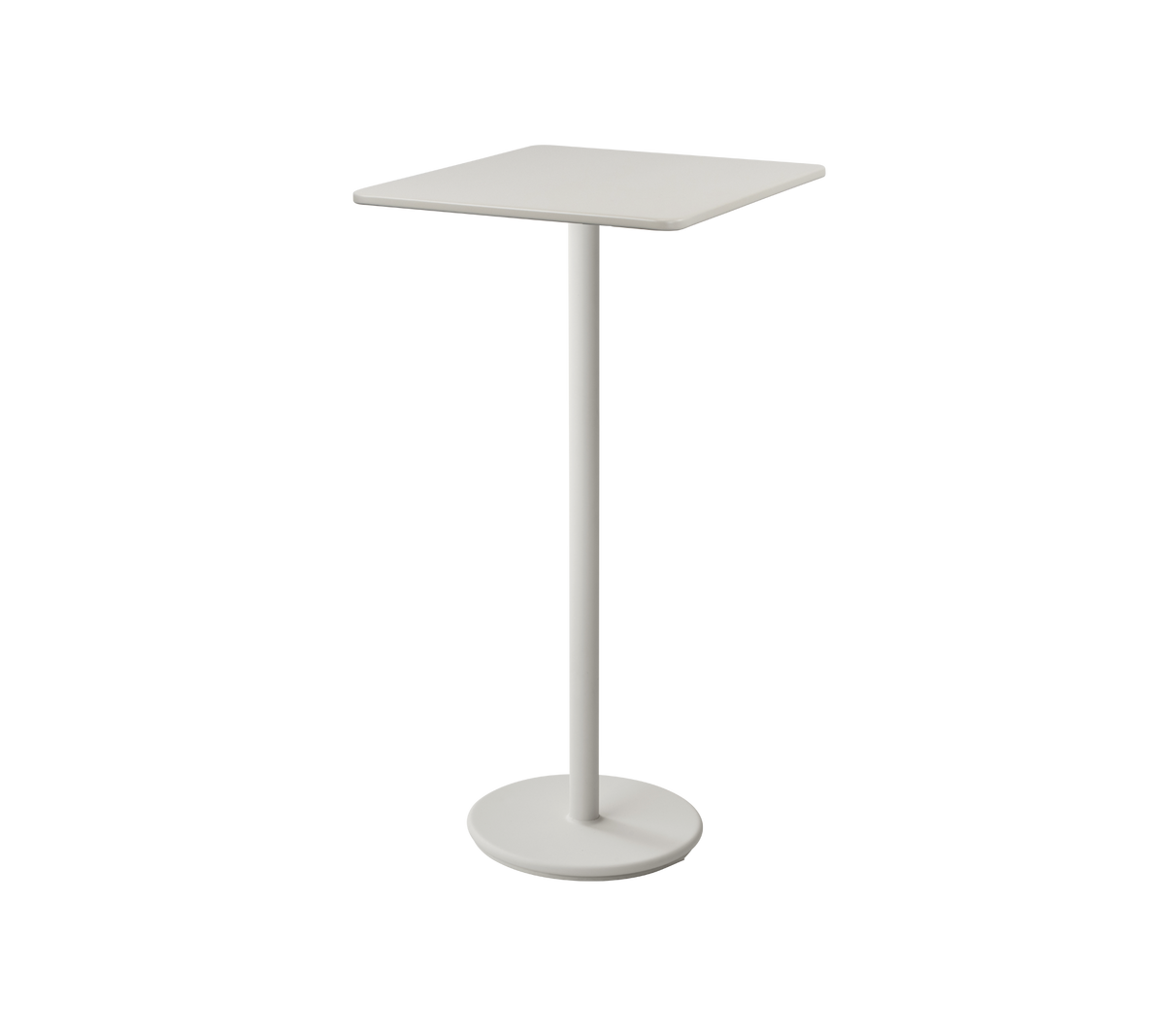 Minimalistischer weißer Beistelltisch mit quadratischer Tischplatte und schlankem Fuß, ideal für kleine Räume oder legere Sitzbereiche.