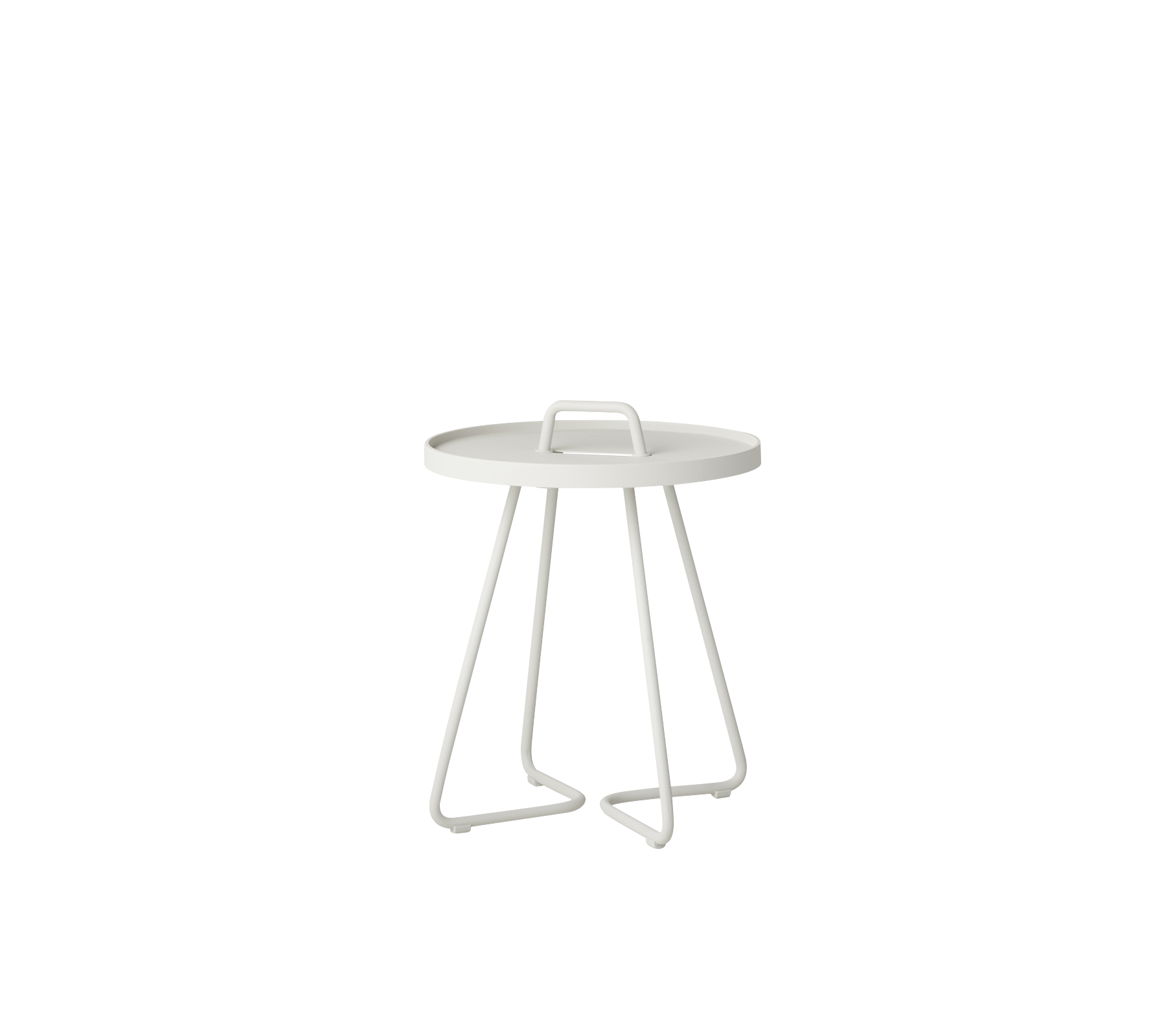 Moderner runder Beistelltisch mit einem minimalistischen Design und stabilen, eckigen Beinen in einem klaren, weißen Finish.