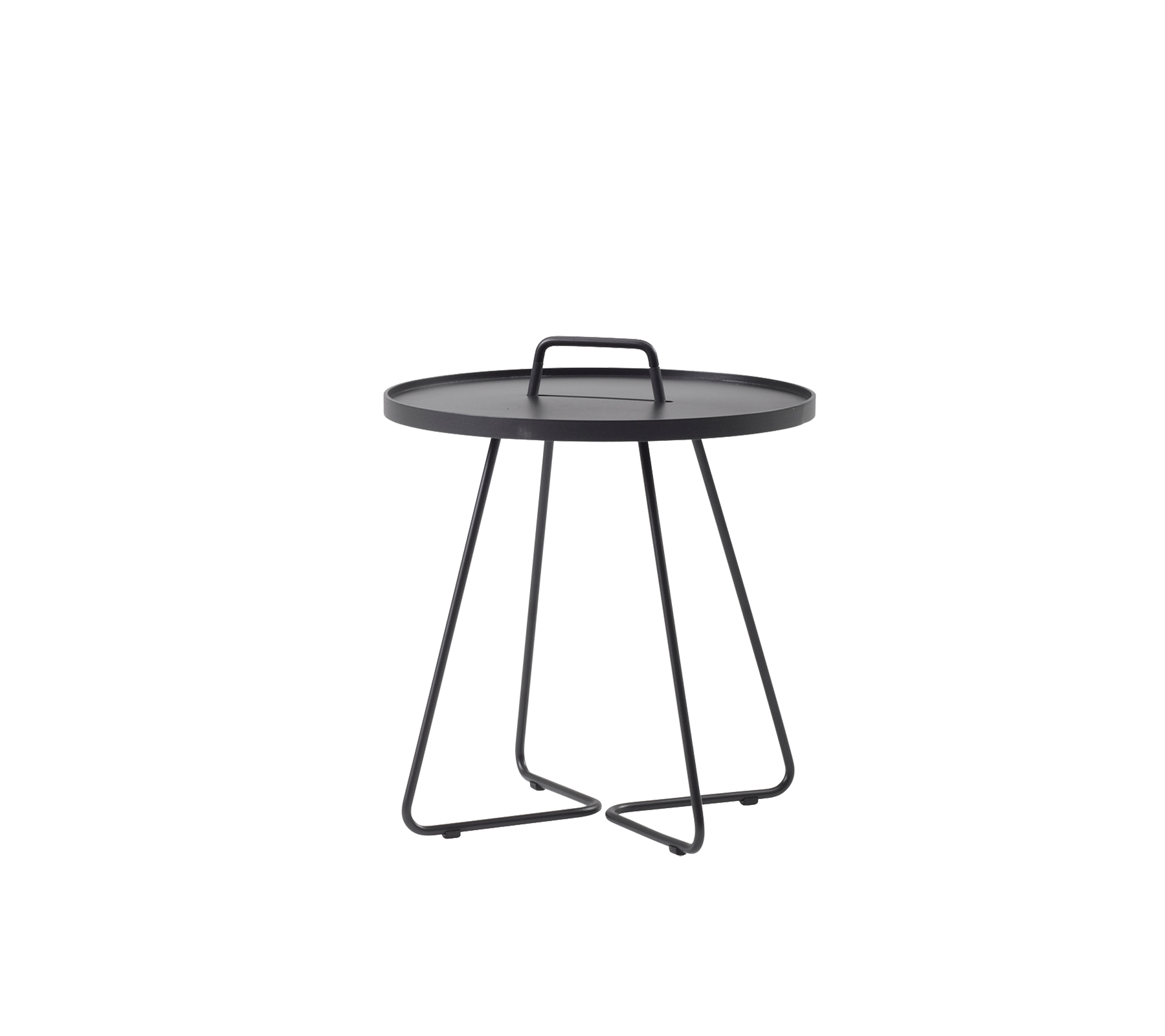 Schwarzer runder Tisch mit einer tablettähnlichen Oberfläche und einem minimalistischen Drahtgestell, entworfen für Vielseitigkeit und Stil.