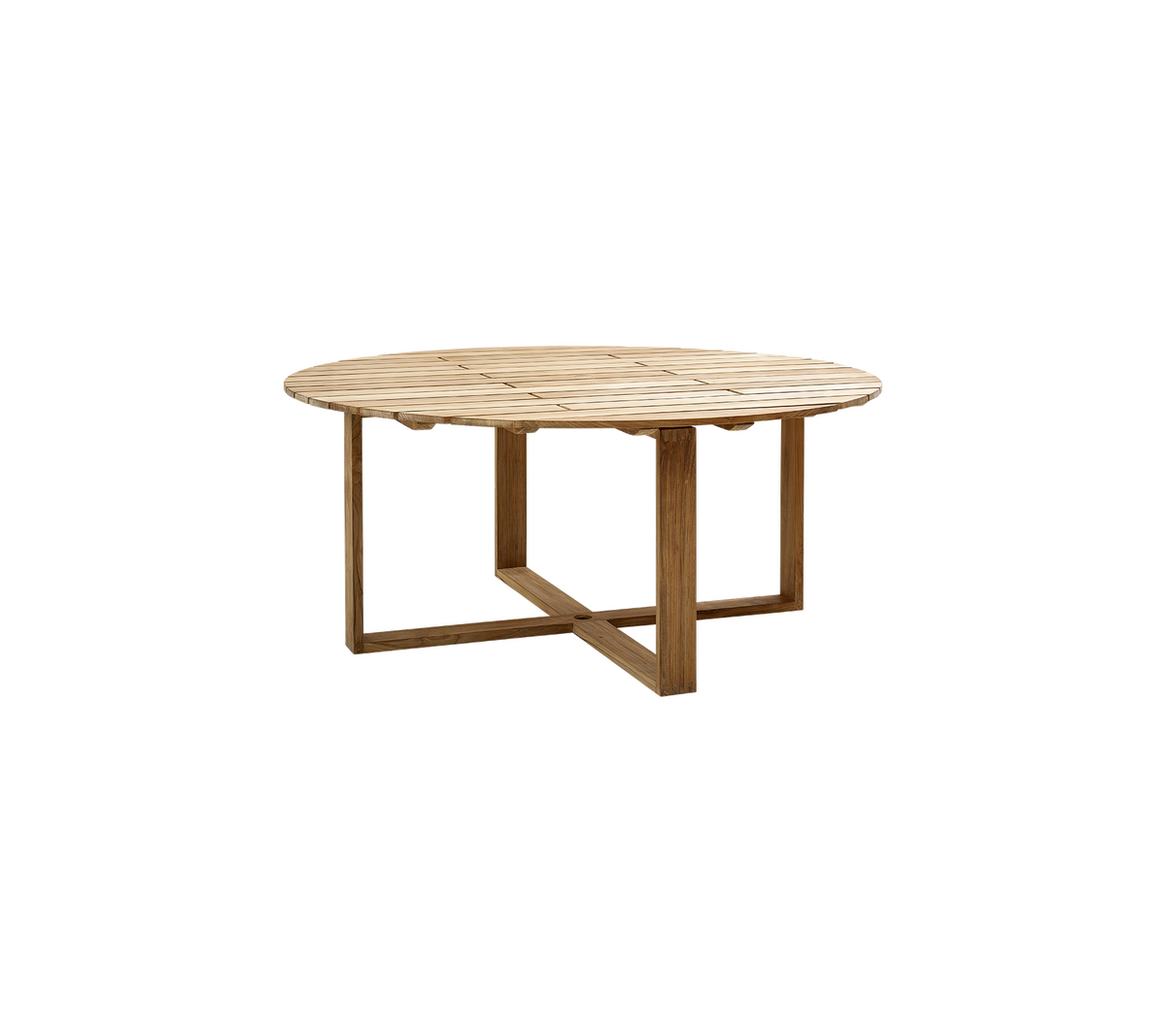 Runder Holztisch mit natürlichem Finish und stabilem, kreuzförmigem Fuß, entworfen für vielseitige Verwendung.