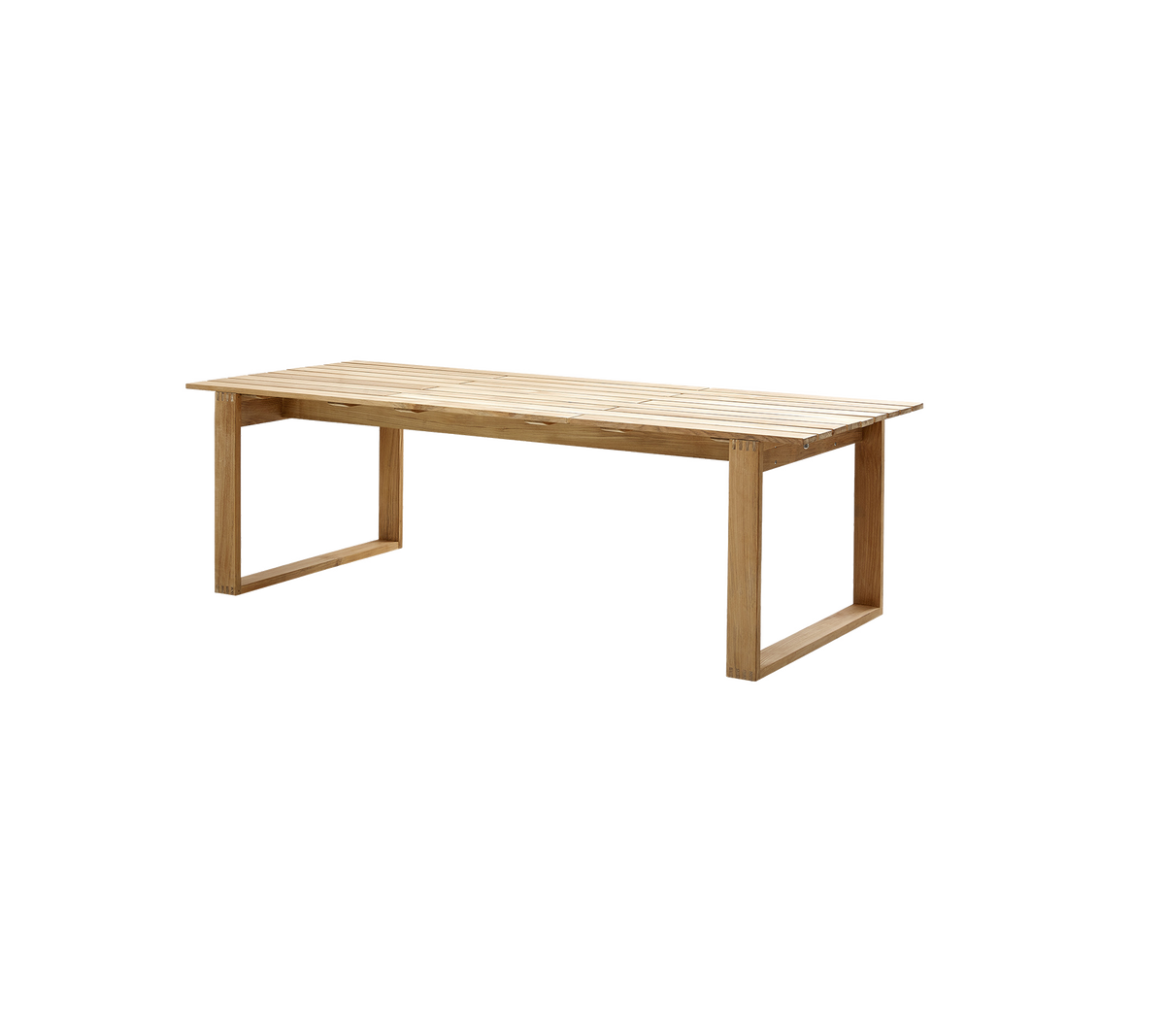 Holztisch mit einem einfachen, modernen Design, der eine rechteckige Tischplatte und minimalistische Beine aufweist, ideal für verschiedene Räumlichkeiten.