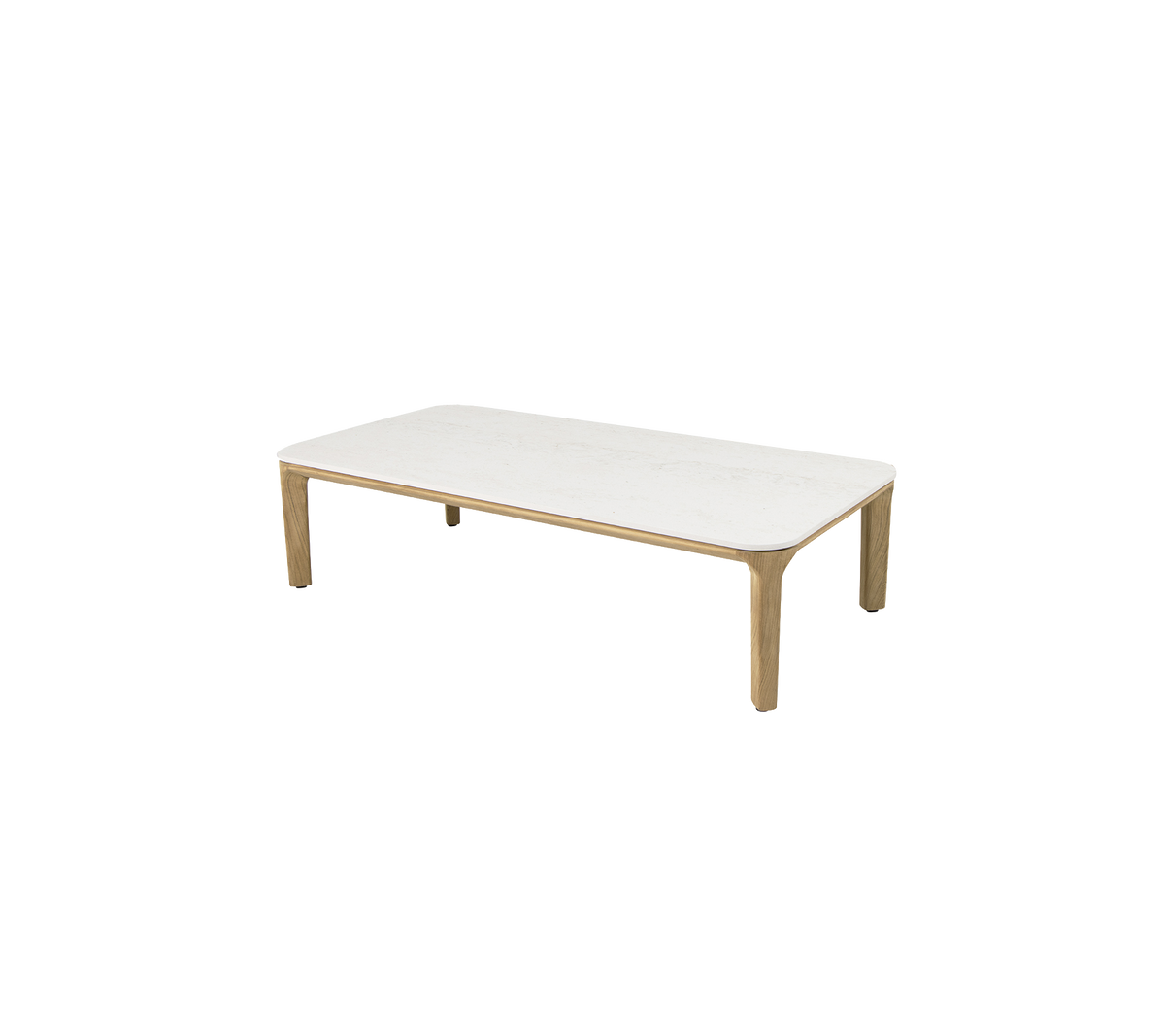 Rechteckiger Couchtisch mit einer schlanken weißen Oberfläche und Beinen aus Naturholz, ideal für moderne Wohnräume.