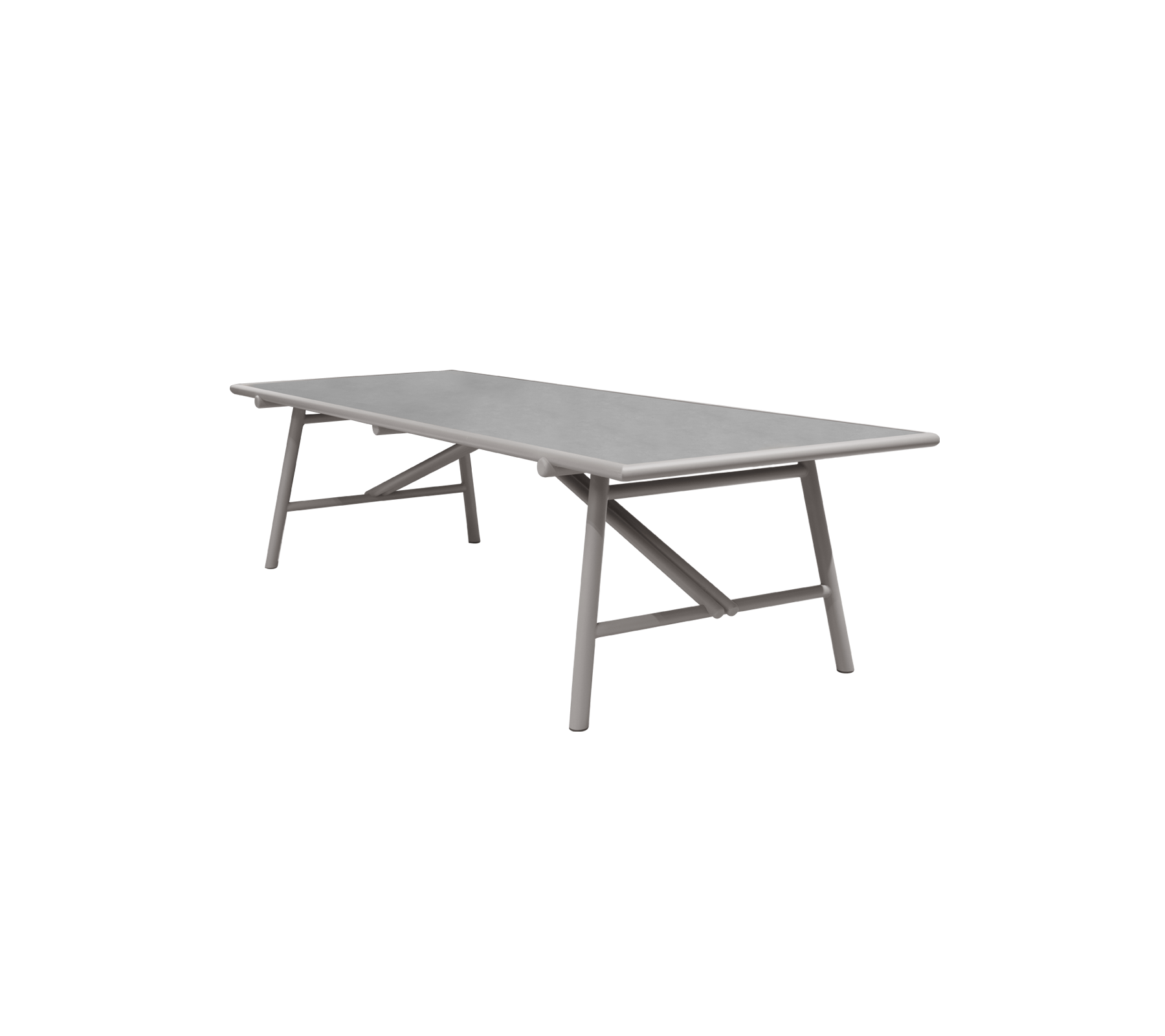 Rechteckiger Tisch mit grauer Tischplatte und robustem Kreuzgestell-Design, ideal für verschiedene Umgebungen und Zusammenkünfte. Leicht und modernes Ästhetik.