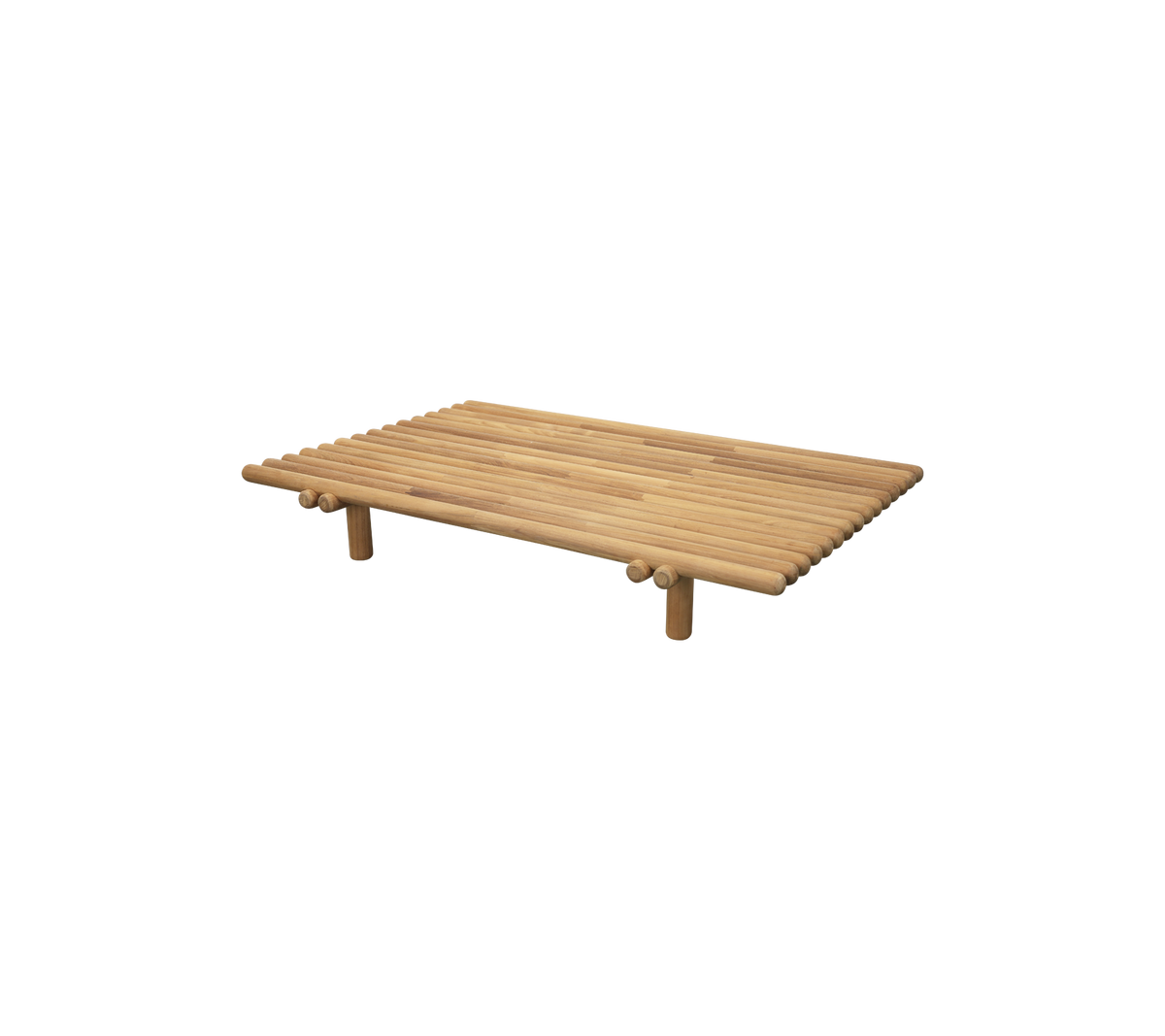 Holzlatten-Tisch mit vier Beinen, der ein minimalistisches Design und eine natürliche Oberfläche bietet, geeignet für verschiedene dekorative Stile.