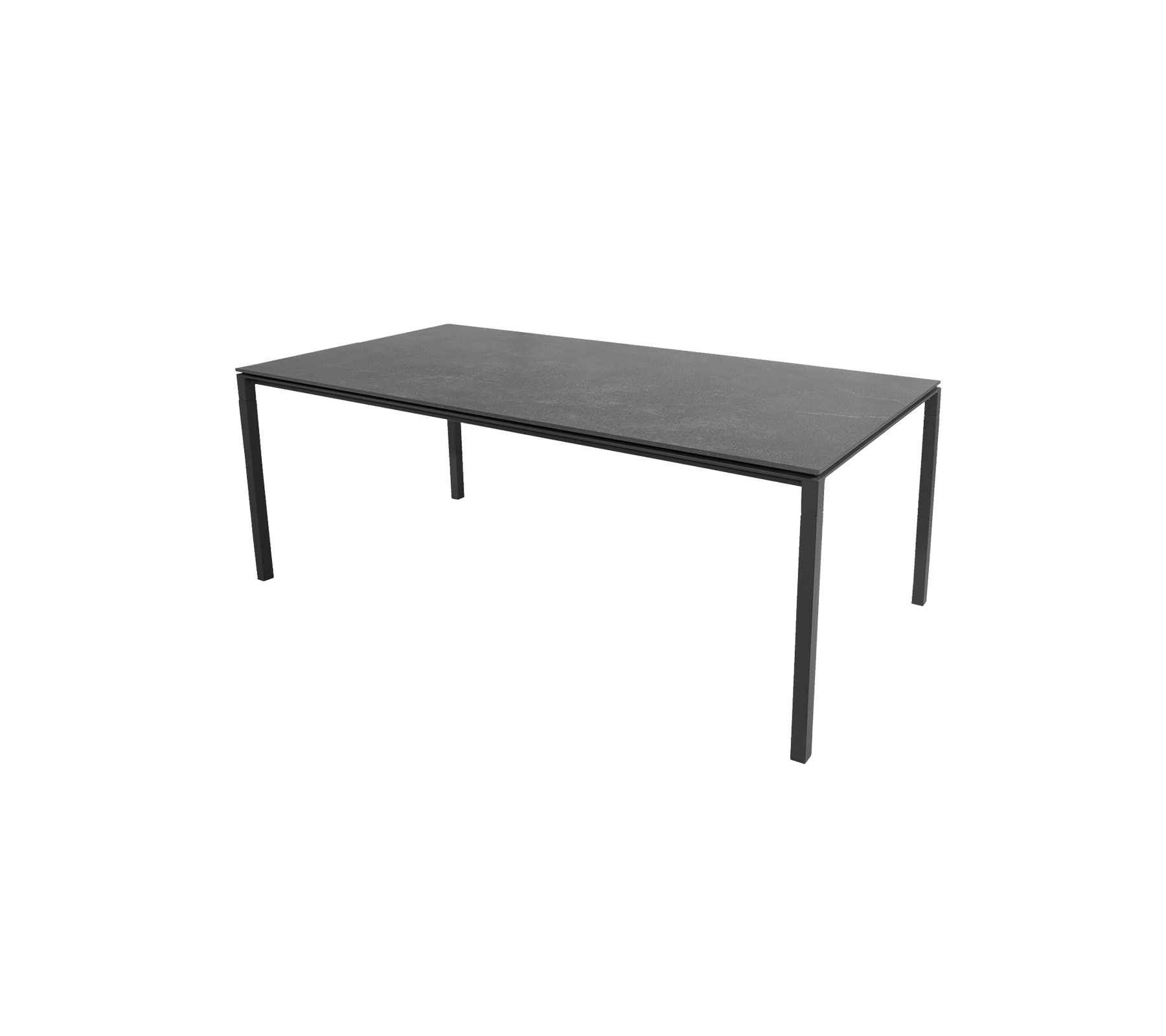 Ein schlanker, moderner Tisch mit einer flachen Oberfläche, die von schlanken Beinen gestützt wird, entworfen für vielseitige Nutzung in verschiedenen Umgebungen.