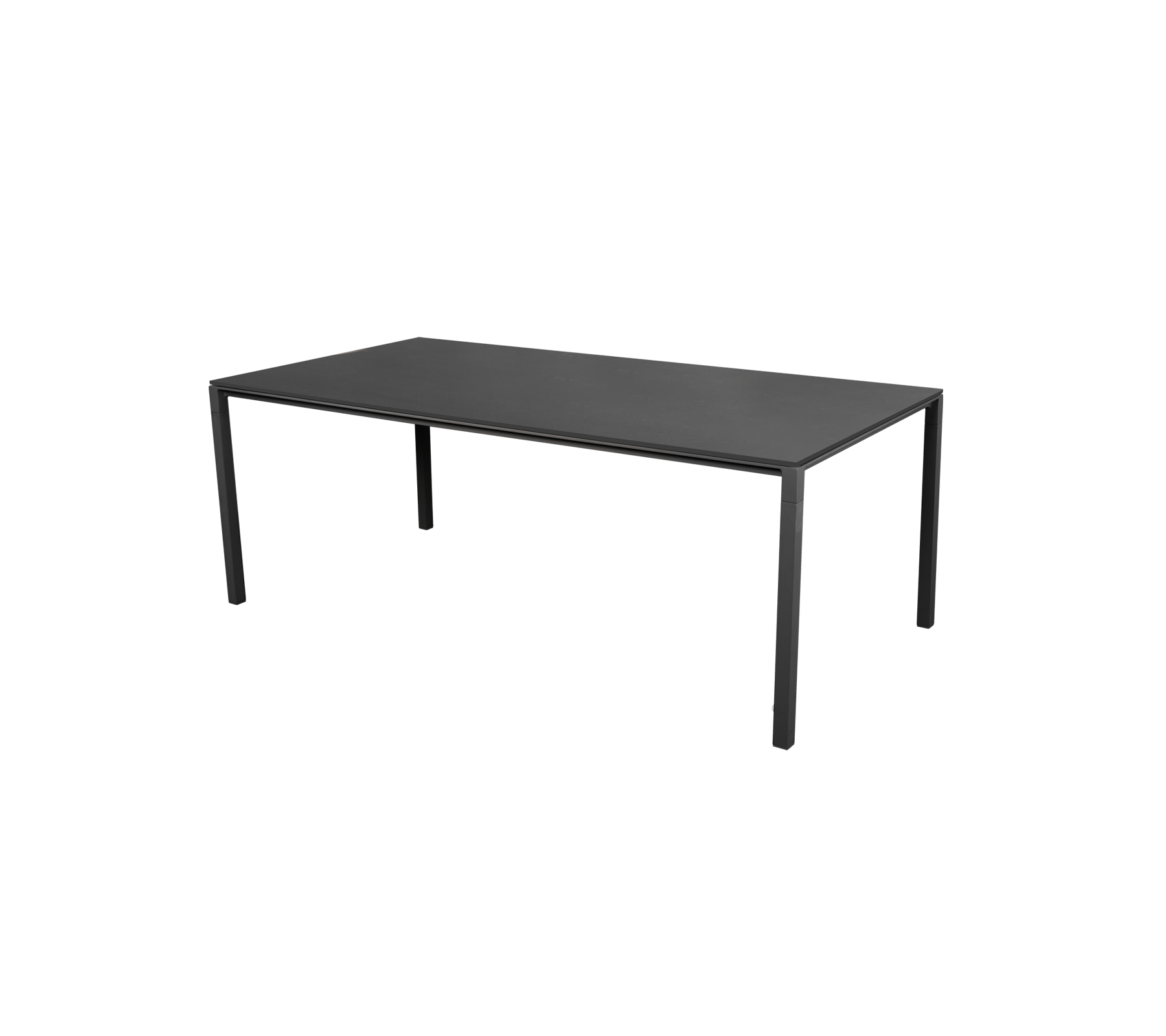 Ein eleganter schwarzer Tisch mit minimalistischem Design und vier geraden Beinen. Geeignet für verschiedene Umgebungen und Zwecke.