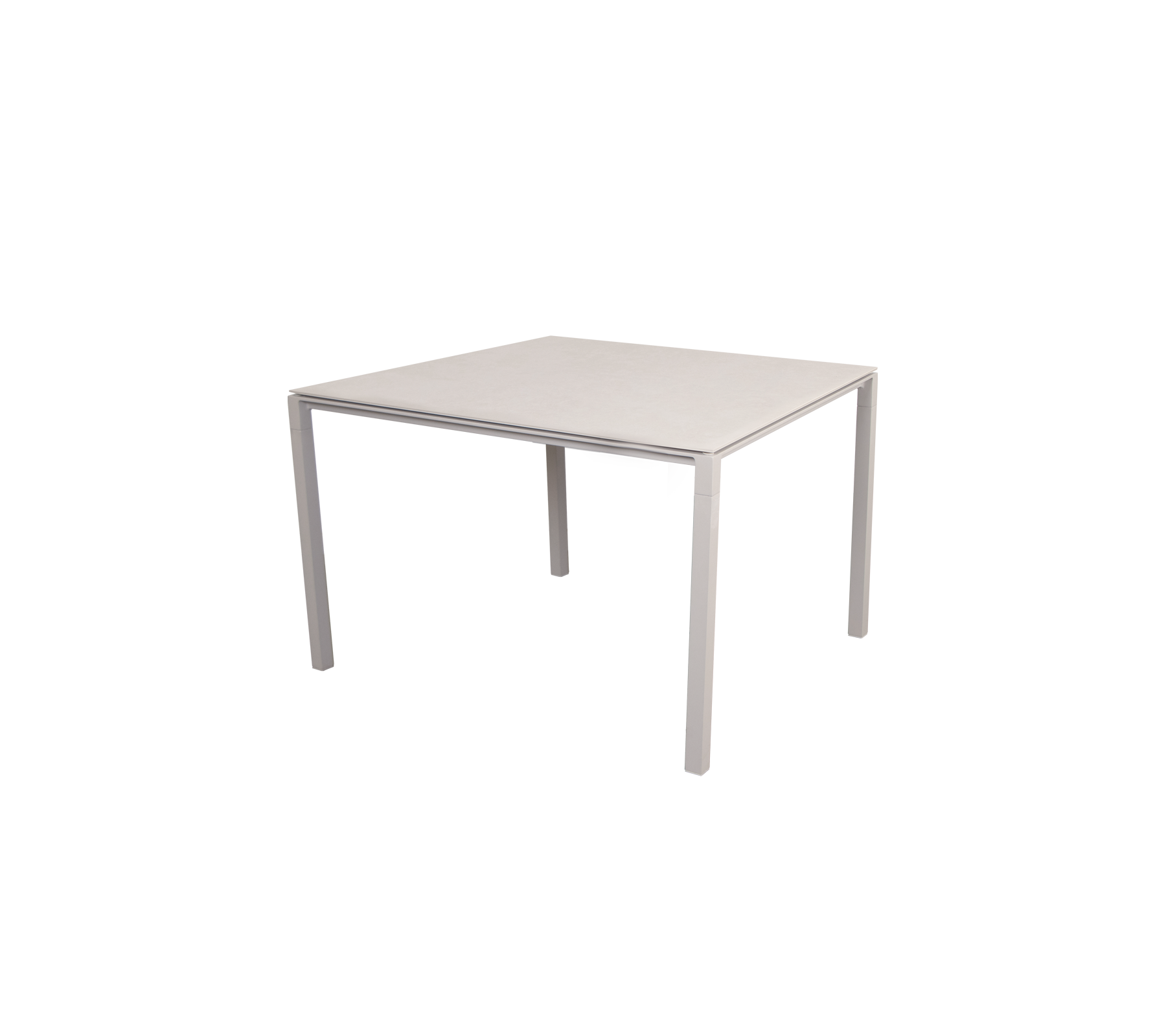Quadratischer Tisch mit einem schlanken, minimalistischen Design, ausgestattet mit einer flachen Oberfläche und vier stabilen Beinen, geeignet für verschiedene Umgebungen.