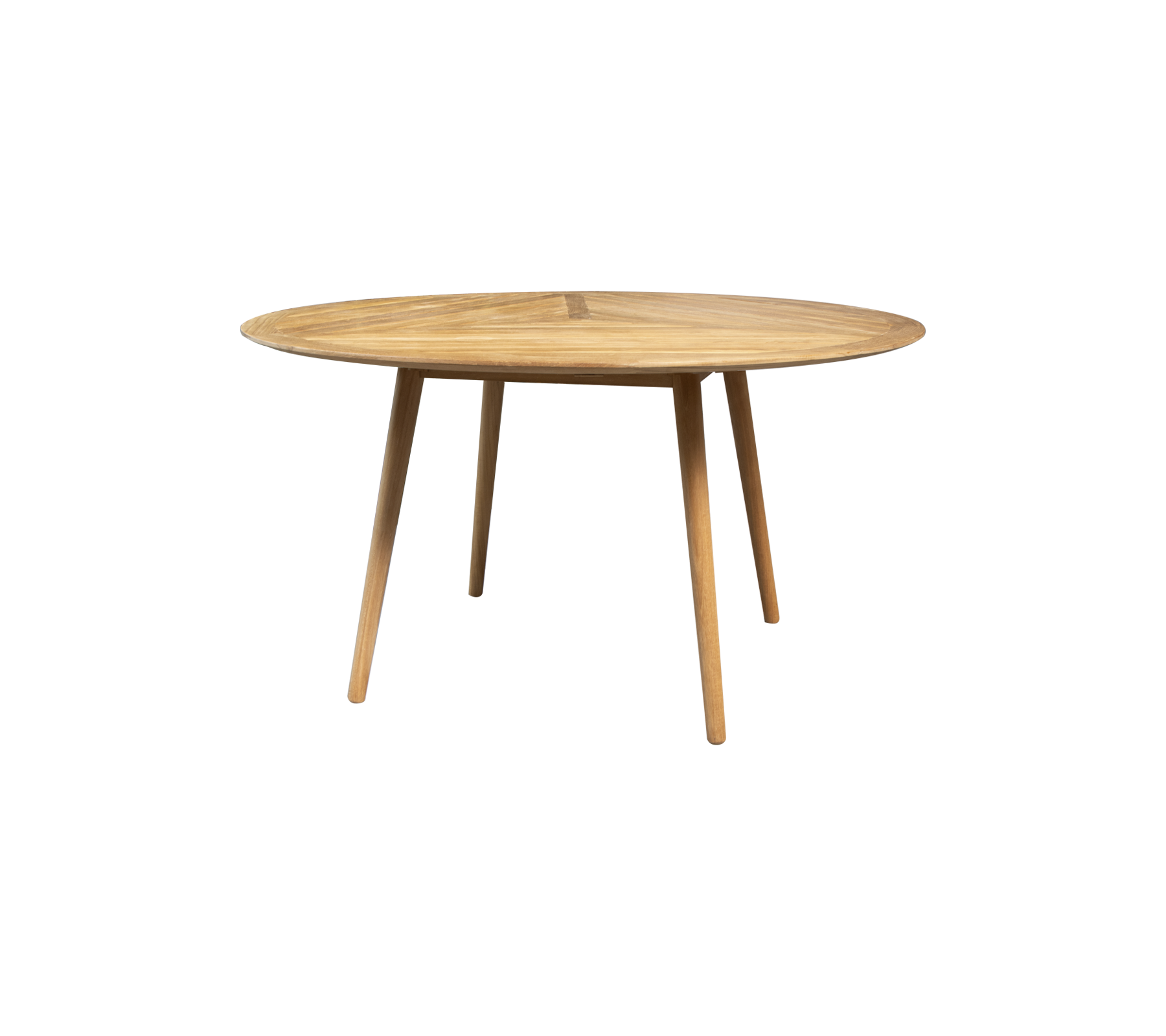 Runder Holztisch mit einer glatten Oberfläche und schlanken Beinen, entworfen für stilvolles und funktionales Essen oder Arbeiten.