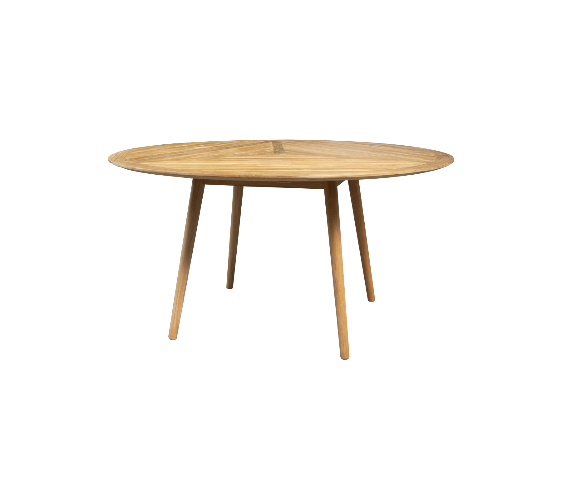 Runder Holztisch mit einer glatten Oberfläche und vier konischen Beinen, entworfen für vielseitige Ess- oder Arbeitsanordnungen.