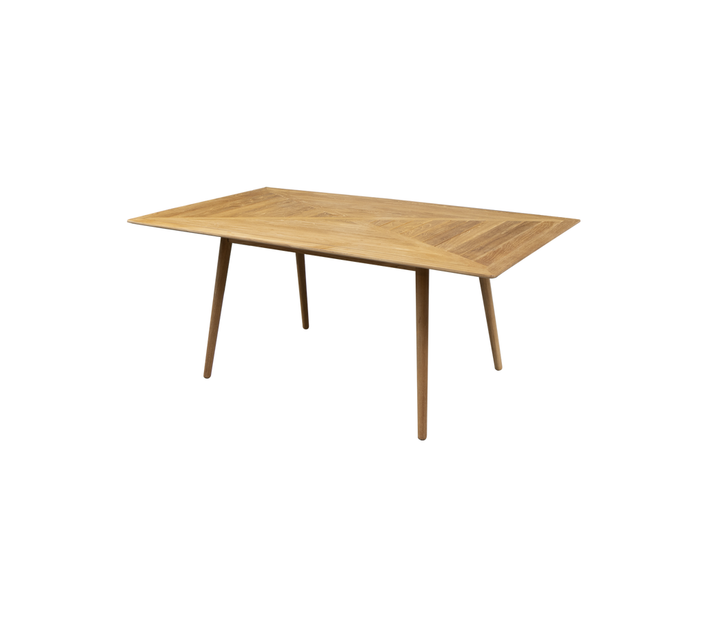 Rechteckiger Holztisch mit heller Oberfläche und sich verjüngenden Beinen, ideal für den Essbereich oder als Arbeitsplatz. Einfaches und modernes Design.