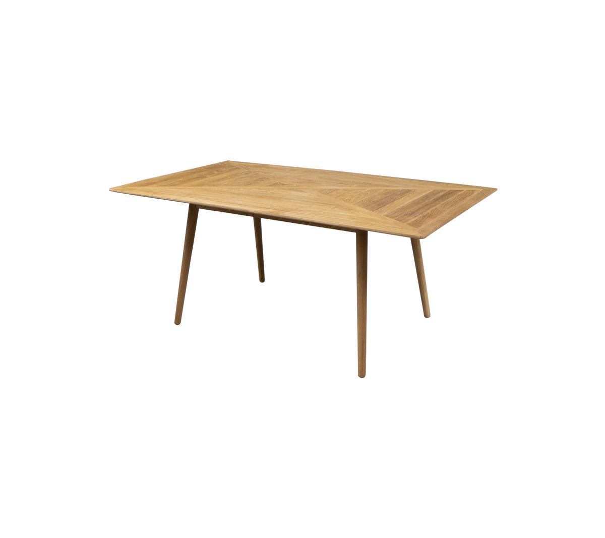 Rechteckiger Holztisch mit heller Oberfläche und sich verjüngenden Beinen, ideal für den Essbereich oder als Arbeitsplatz. Einfaches und modernes Design.