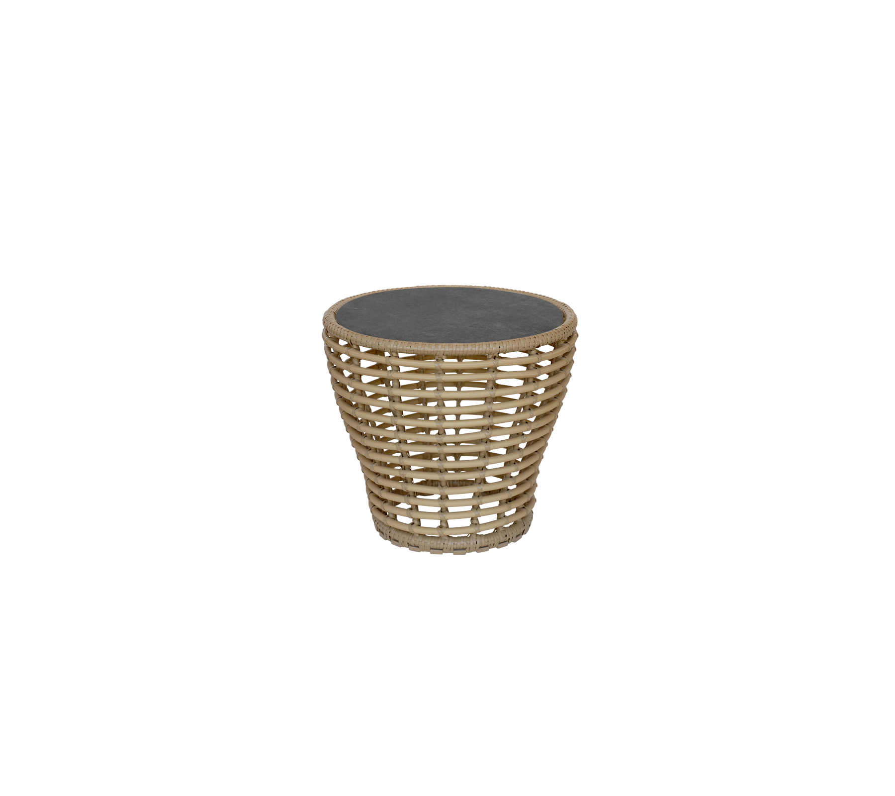 Ein stilvoller runder Beistelltisch mit einem geflochtenen Design und einer dunklen Oberfläche, perfekt um jedem Raum einen modernen Touch zu verleihen.