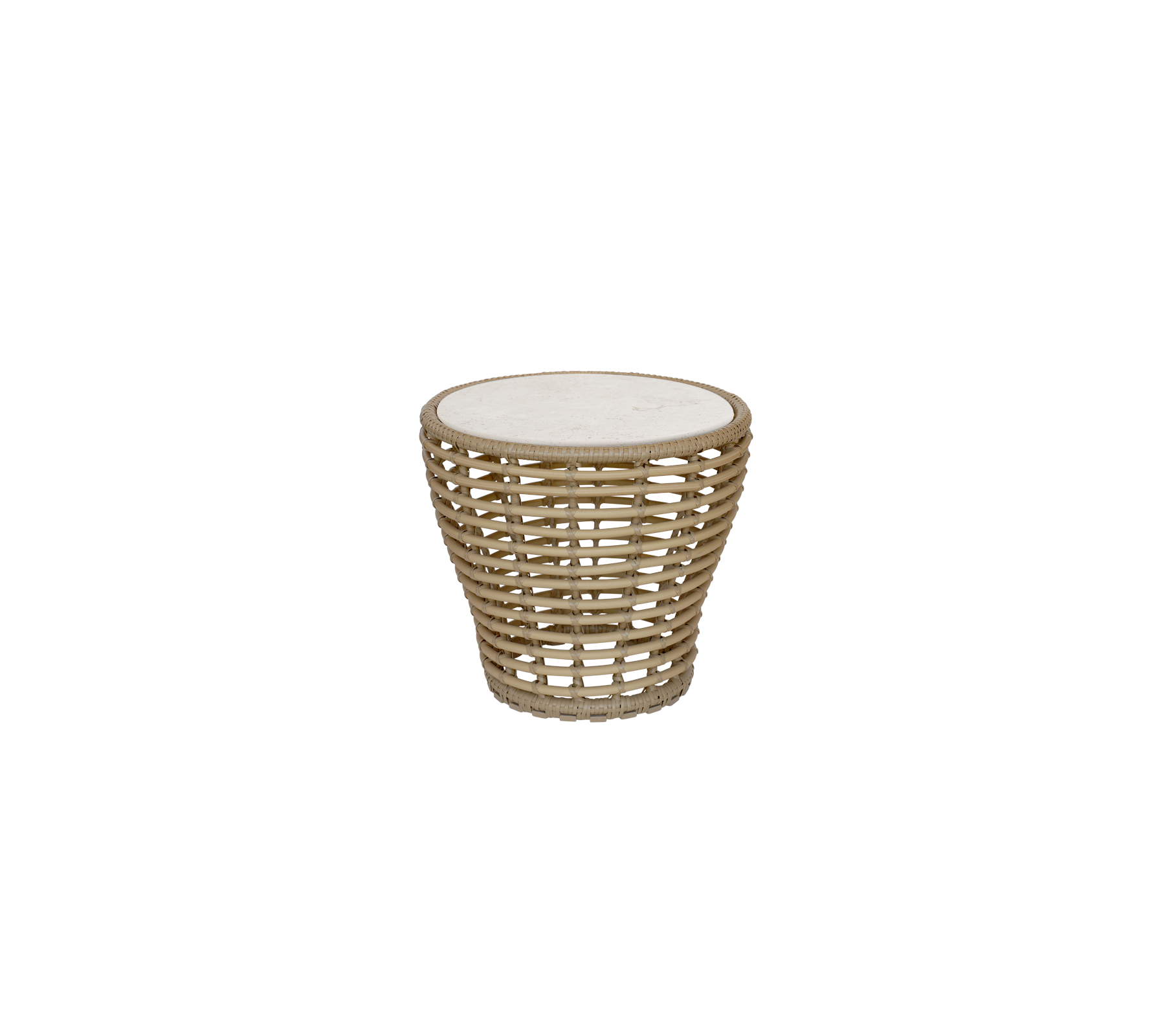 Naturtisch mit runder Tischplatte und geflochtenem Design.