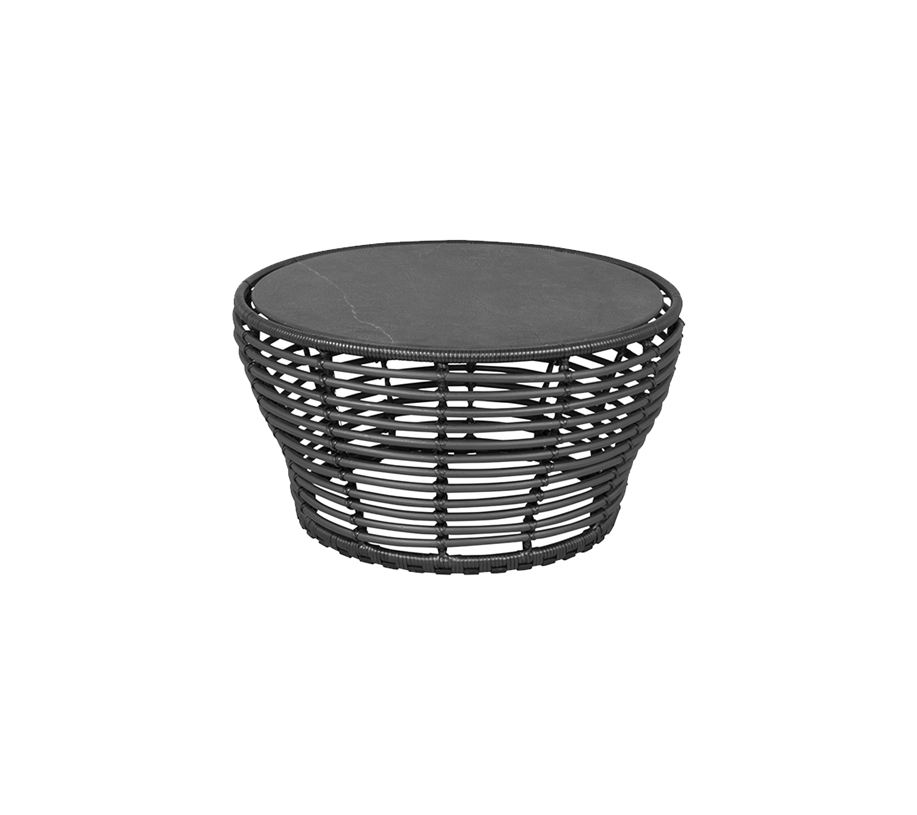 Rundes gewebtes Akzenttisch mit einer glatten Oberfläche, ausgestattet mit einem stilvollen schwarzen Finish und einem einzigartigen korbähnlichen Design. Perfekt für vielseitige Dekoration.