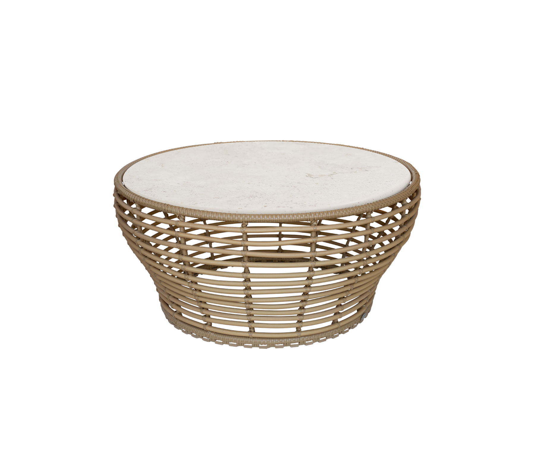Natürlicher Couchtisch mit runder Oberfläche und offenem Geflecht-Design.