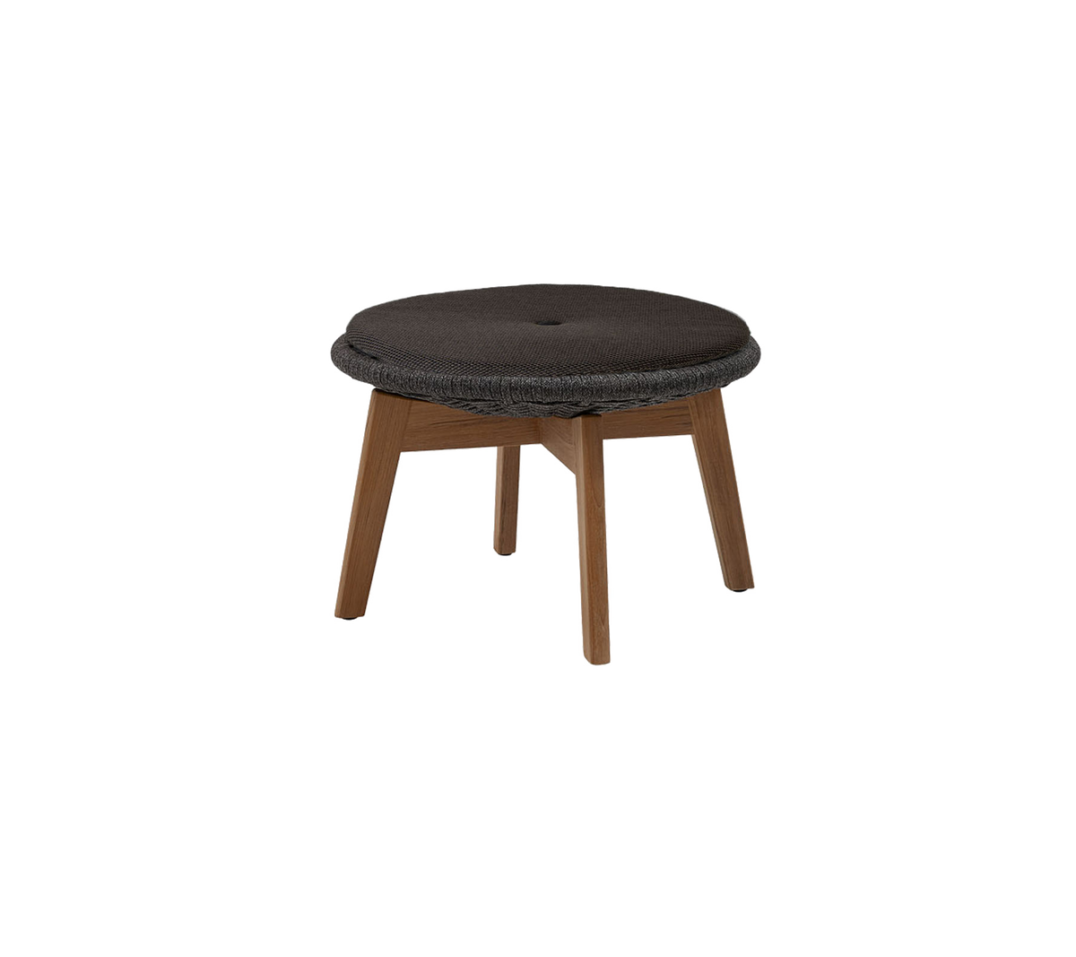 Runder gepolsterter Hocker mit einer dunklen Oberfläche und Holzbeinen, entworfen für Komfort und Stil. Ideal für vielseitige Sitzarrangements.
