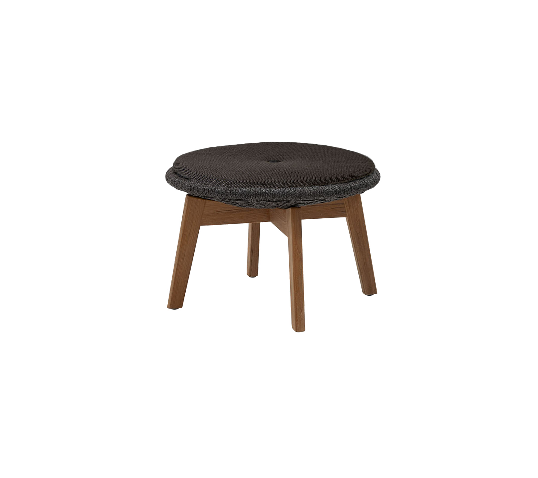 Runder gepolsterter Hocker mit einer dunklen Oberfläche und Holzbeinen, entworfen für Komfort und Stil. Ideal für vielseitige Sitzarrangements.