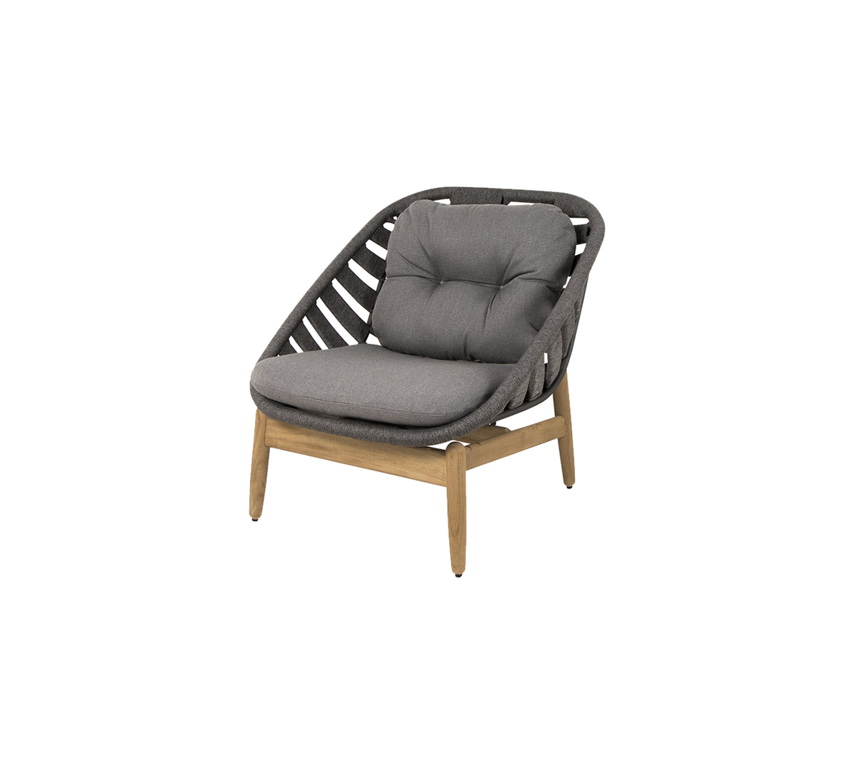 Stylischer Stuhl mit gepolstertem Sitz in Grau und einem Holzrahmen, der ein einzigartiges gewebtes Design für moderne Dekoration aufweist.