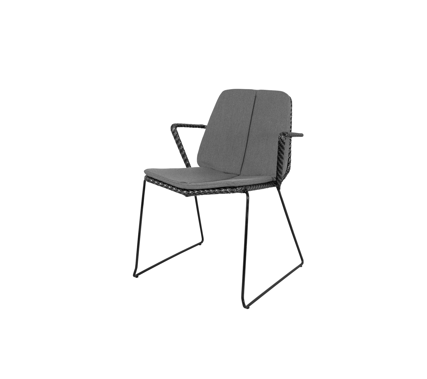 Stylischer Stuhl mit sleekem Design, der über einen bequemen Sitz und Rückenlehne verfügt, unterstützt von einem stabilen Metallrahmen.