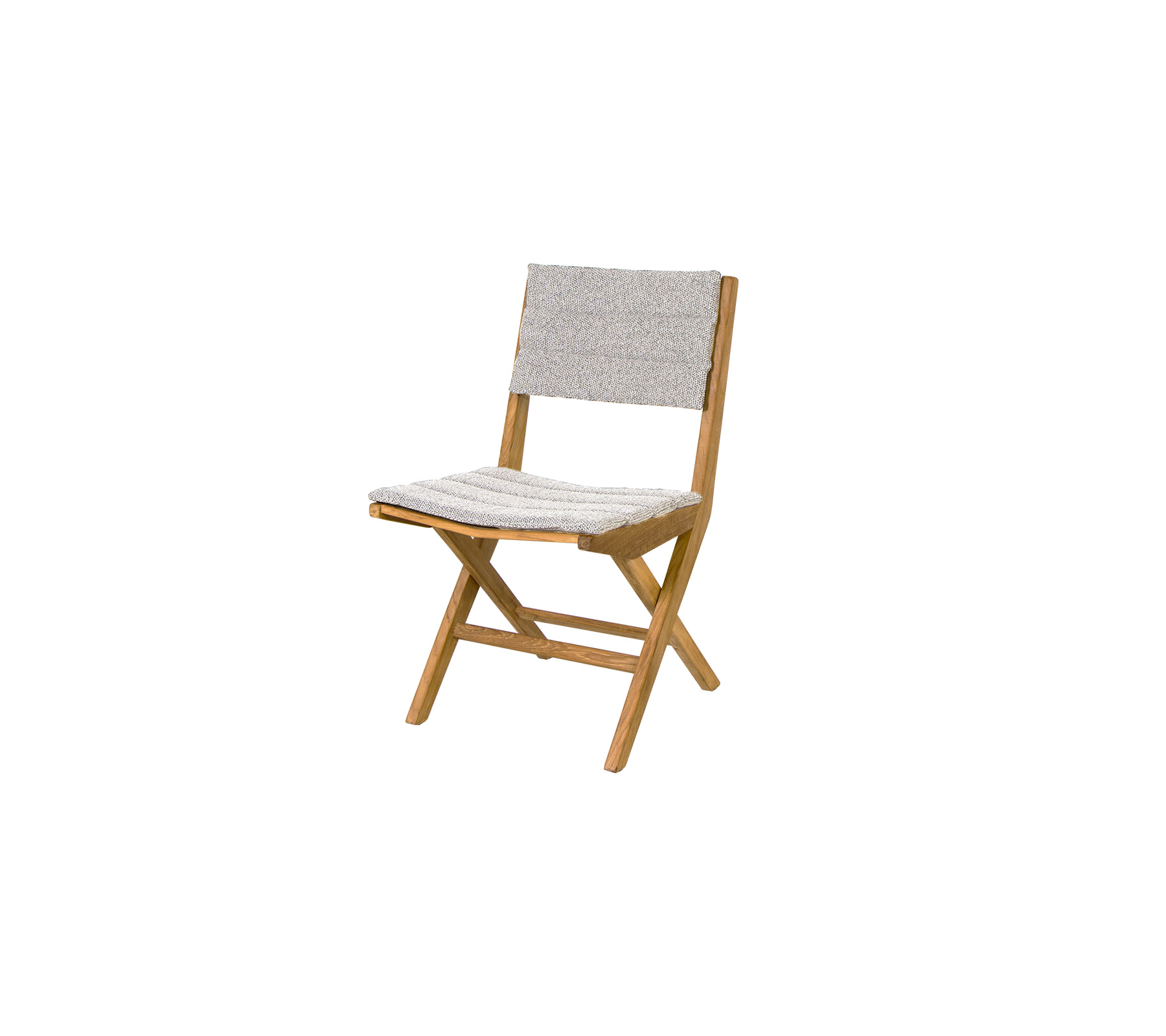 Klappstuhl mit einem Holzrahmen und einem strukturierten Stoffsitz und -rückenlehne, der Funktionalität und Stil für vielseitige Verwendung vereint.
