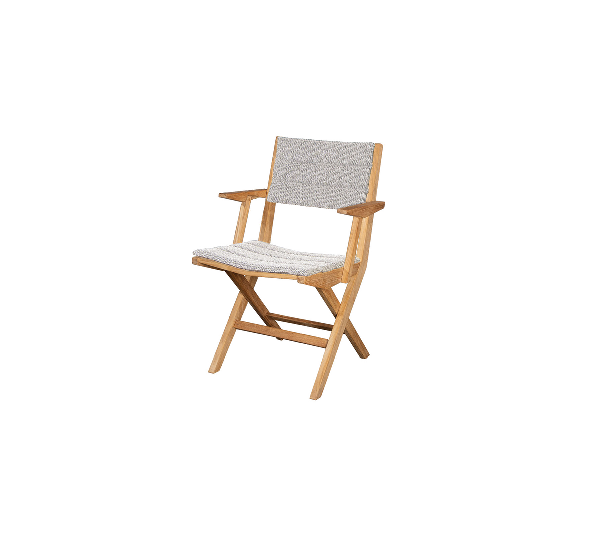 Klappstuhl aus Holz mit einem leichten Stoffsitz und -rücken, ausgestattet mit einfachen Armlehnen und einem minimalistischen Design. Ideal für verschiedene Anwendungen.